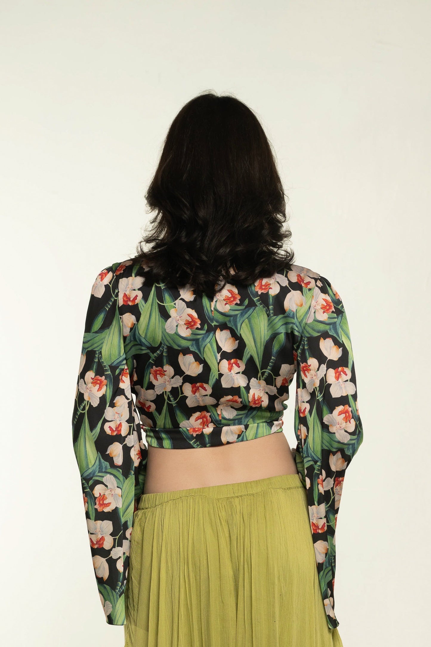 Pat Bo Green/Floral Print Long Sleeve Wrap Top Size Small