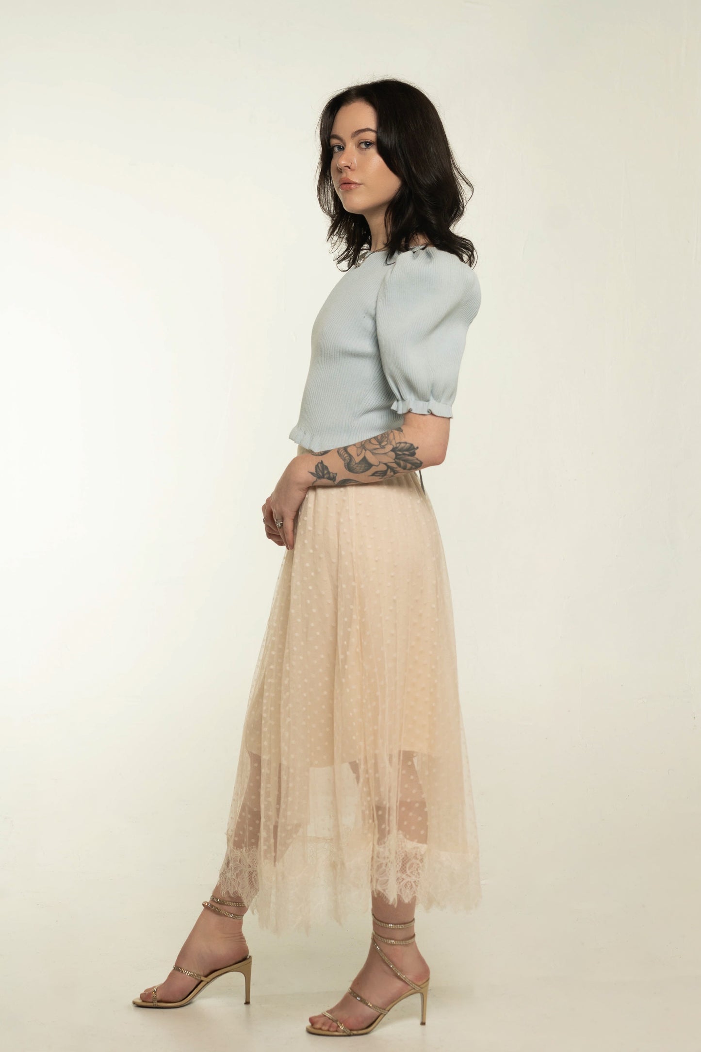 Vintage Verte Cream Sheer Polka Dot Midi Skirt Size Small