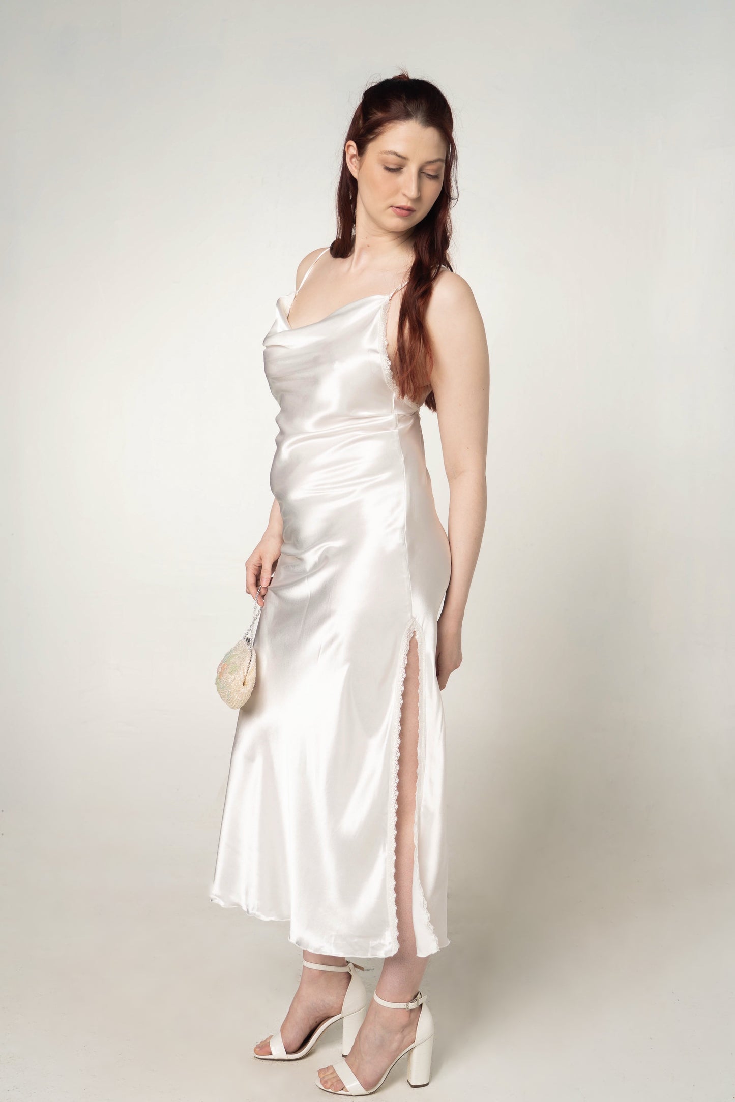 White Satin Cowl Neck Maxi Dress Size Medium / Large