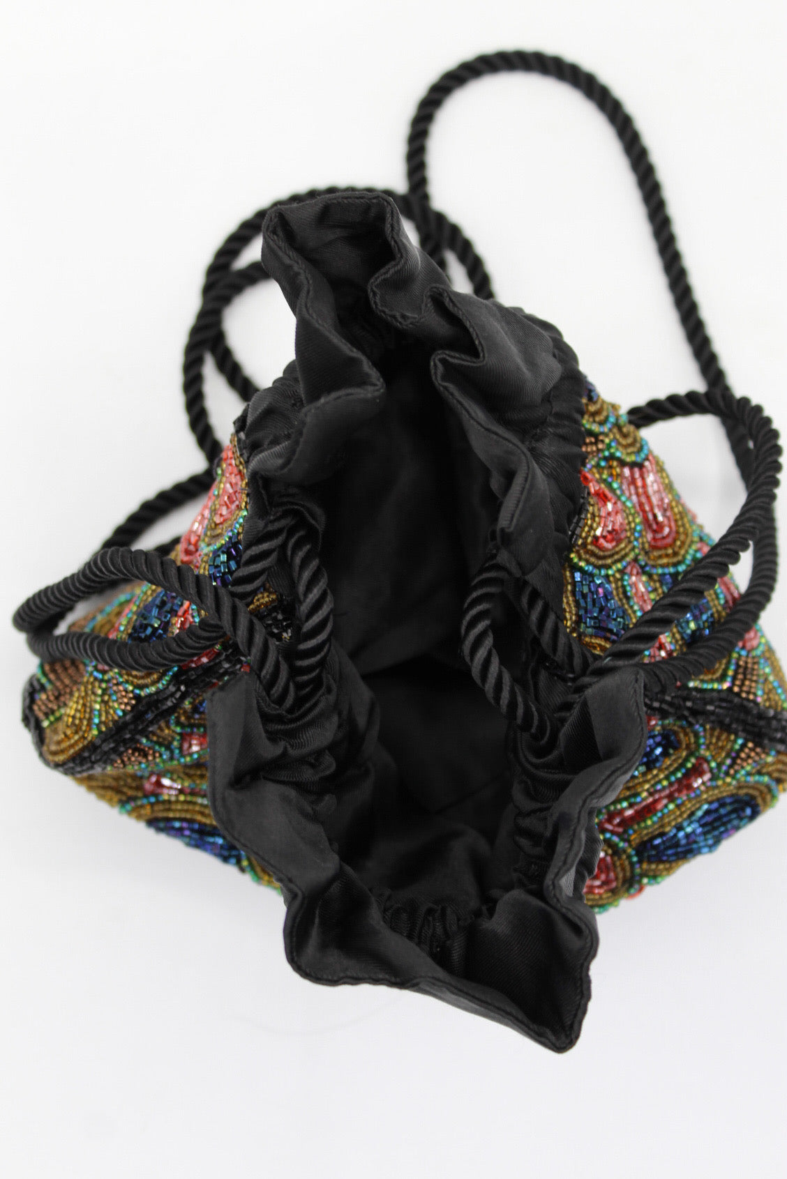 Black Peacock Beaded Drawstring Purse