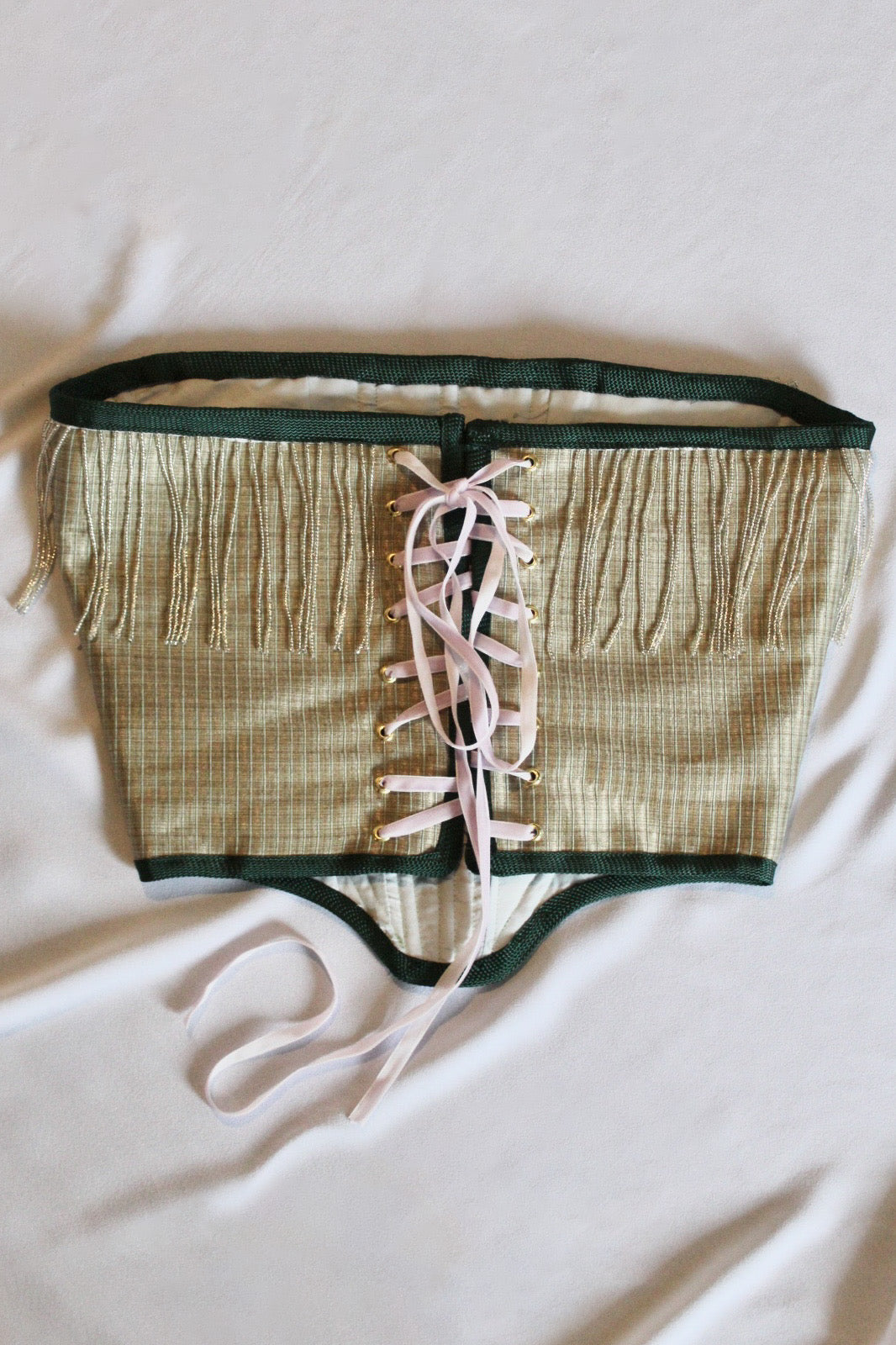 Handmade Green Strapless Corset with Beaded Fringe Size Large