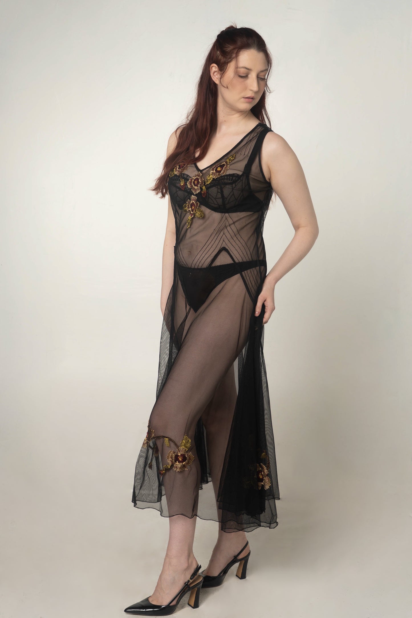 Black Sheer Mesh Floral Embroidered Dress Size Size Large / XL
