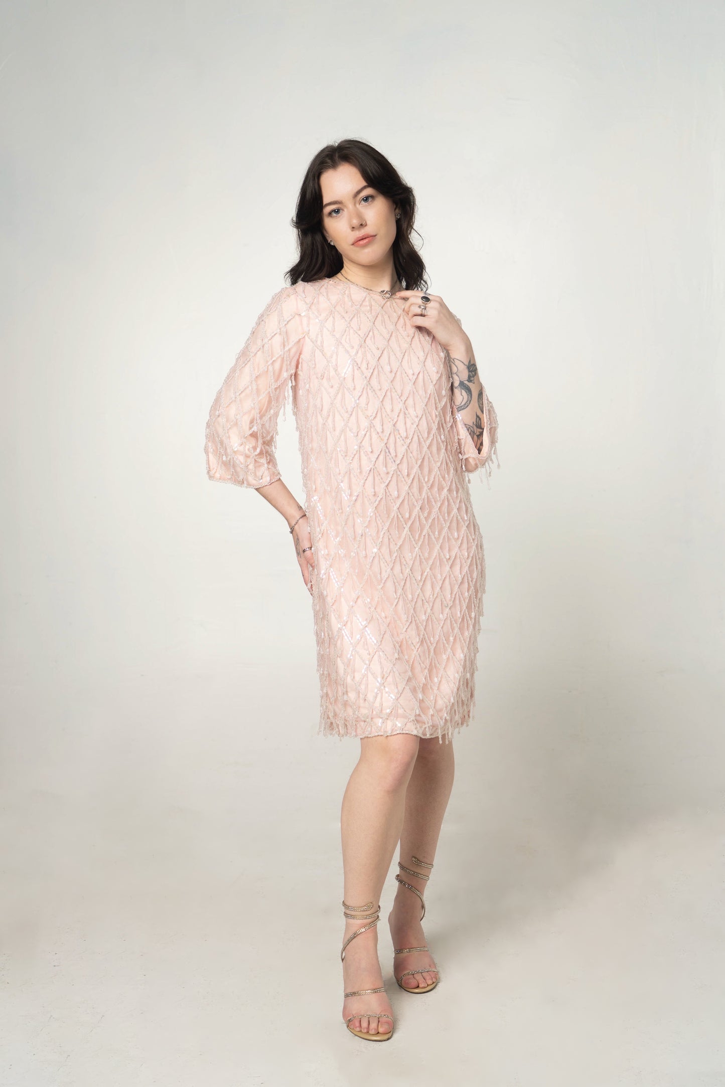 Vintage Pink Beaded Shift Dress Size Medium