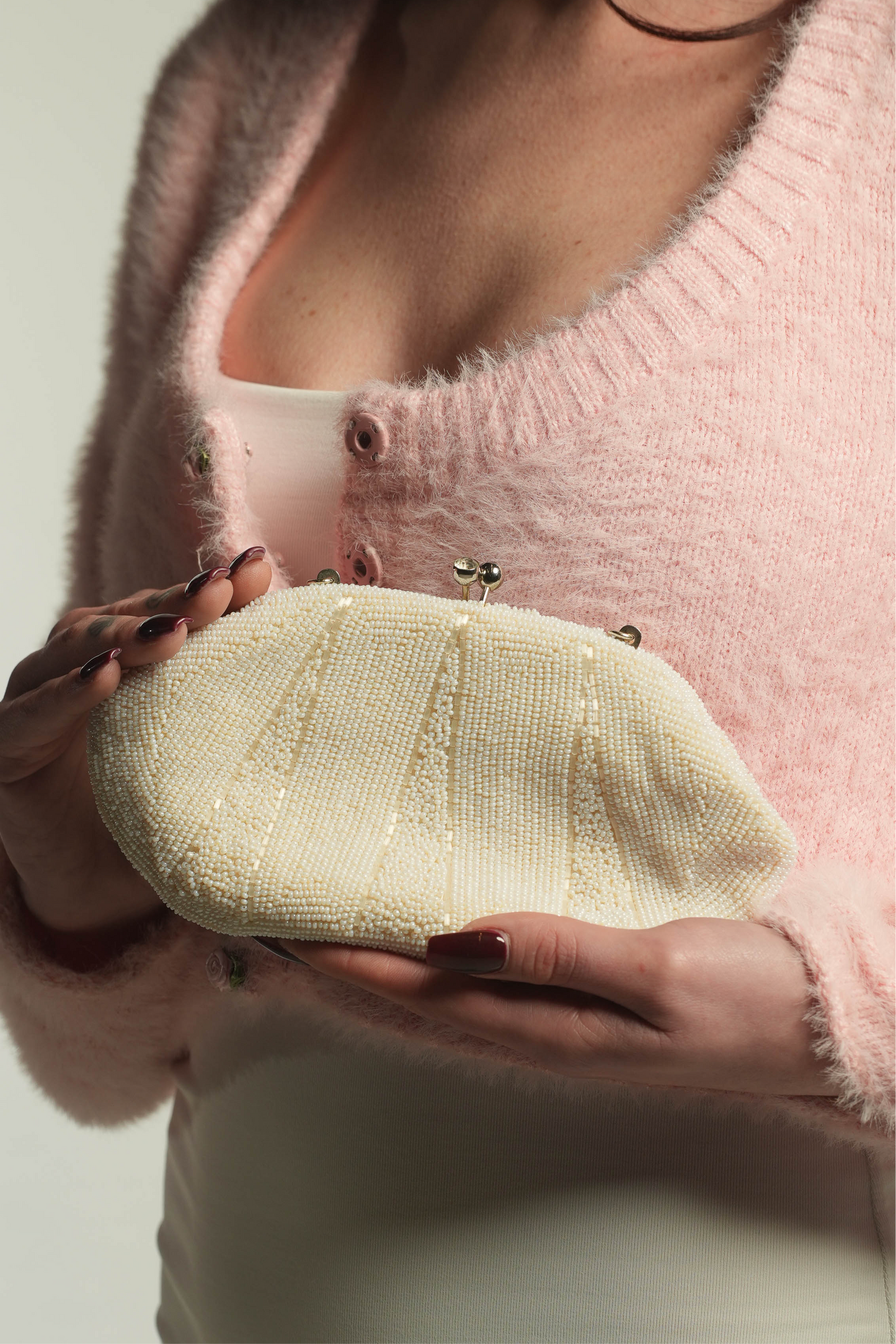 Vintage White Beaded Clutch with Gold Chain