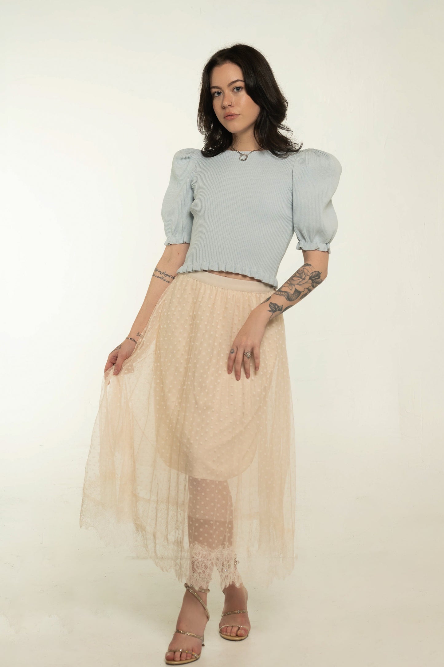 Vintage Verte Cream Sheer Polka Dot Midi Skirt Size Small