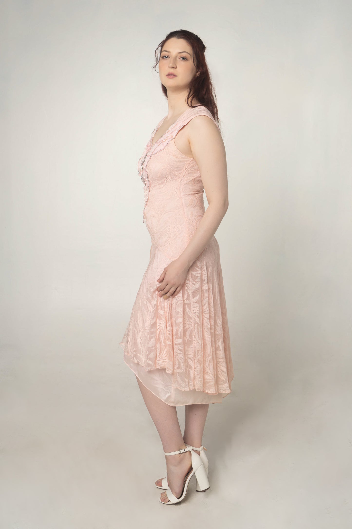 Vintage Karen Okada Pink Lace Butterfly Beaded Midi Dress Size Small