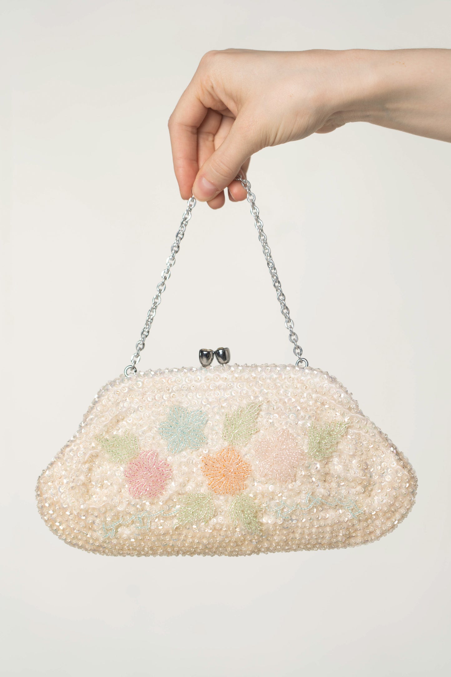 Vintage Cream Floral Beaded Bag with Chain
