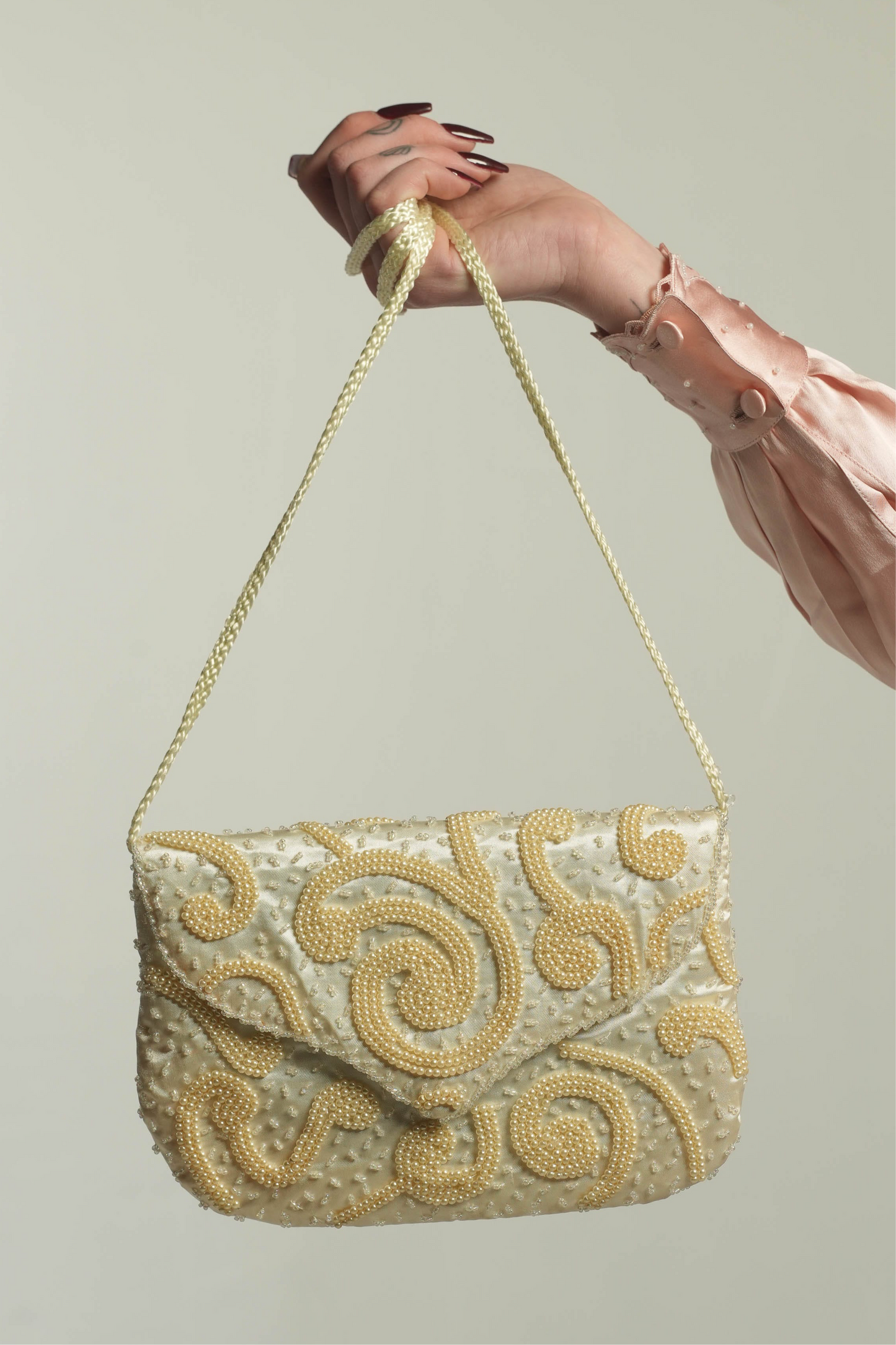 Vintage Cream Satin Beaded Crossbody Bag