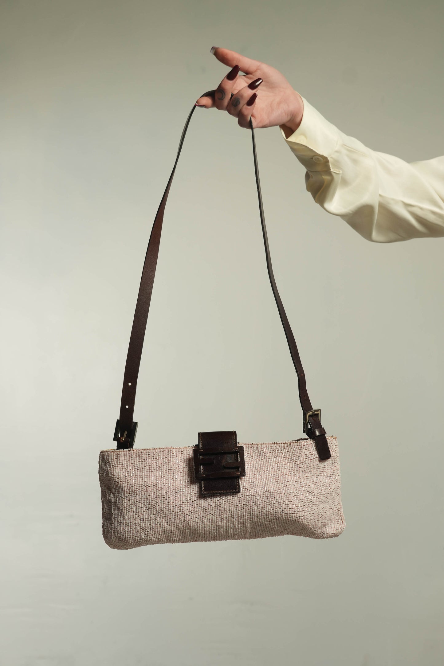 Vintage 1990s Fendi Pink Beaded Mamma Baguette Shoulder Bag