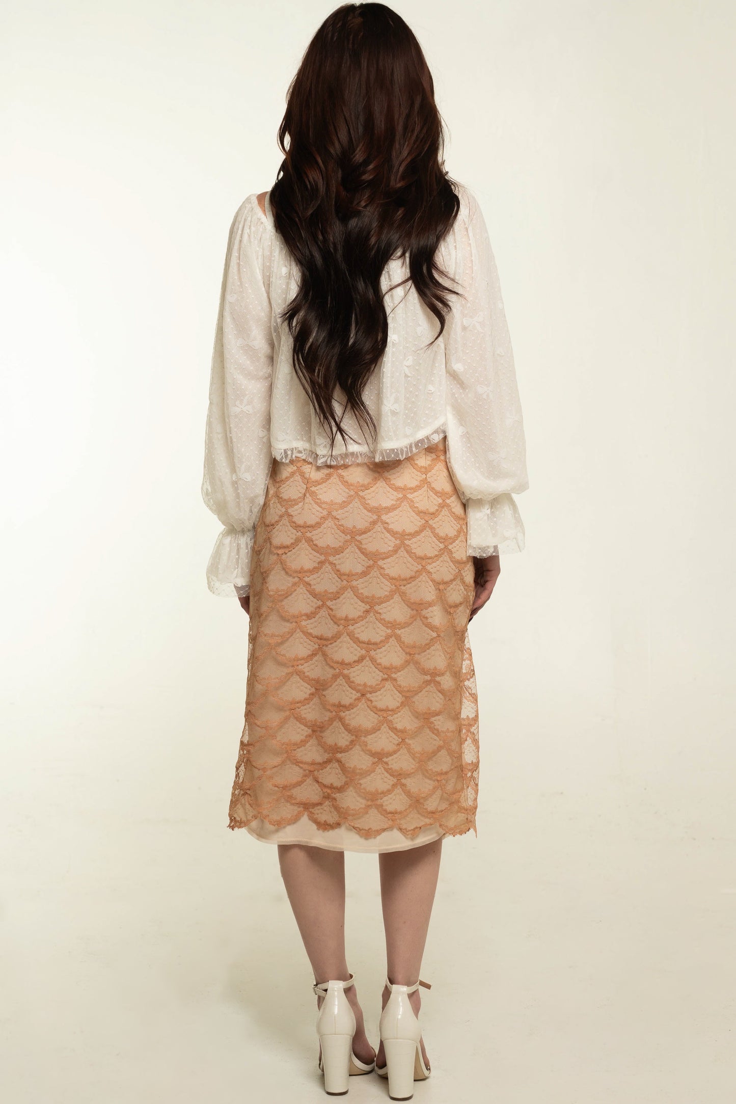 Vintage Rogers Peach Midi Skirt with Lace Overlay Size Medium