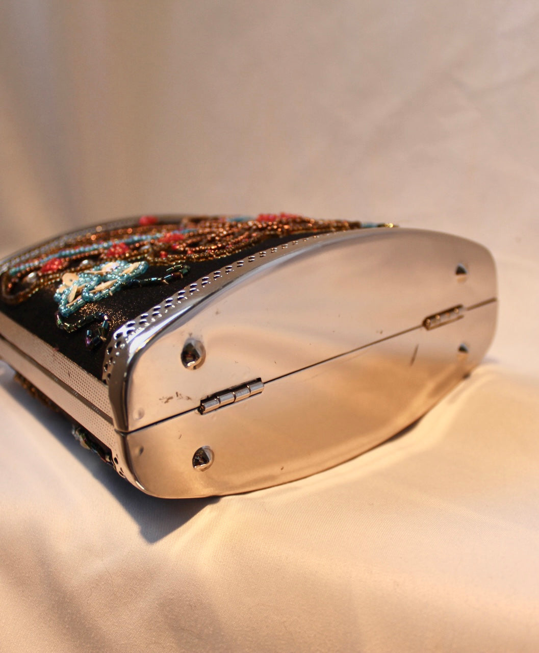 Vintage Black Satin Hard Shell Butterfly Embroidered Top Handle Bag