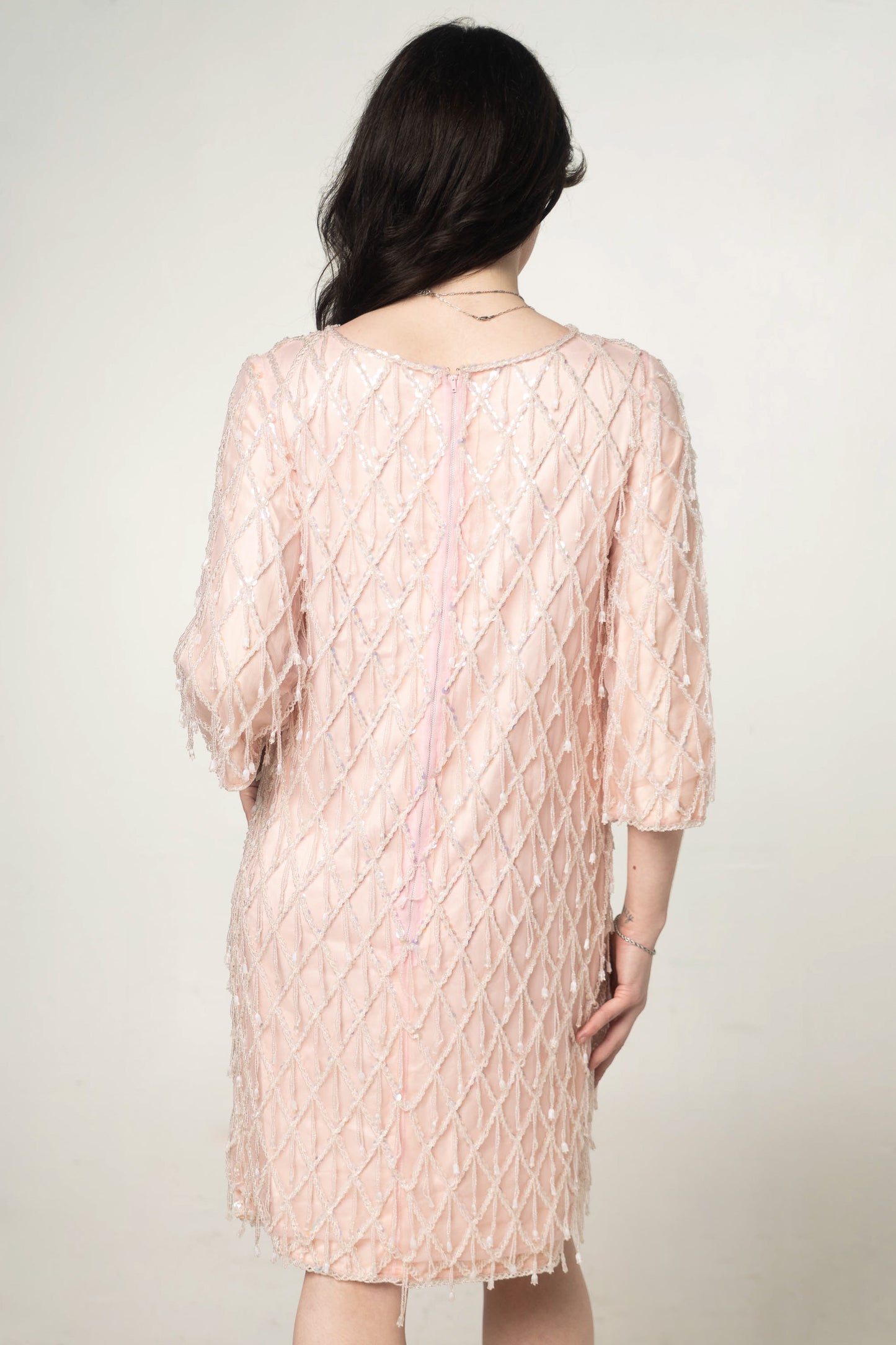 Vintage Pink Beaded Shift Dress Size Medium