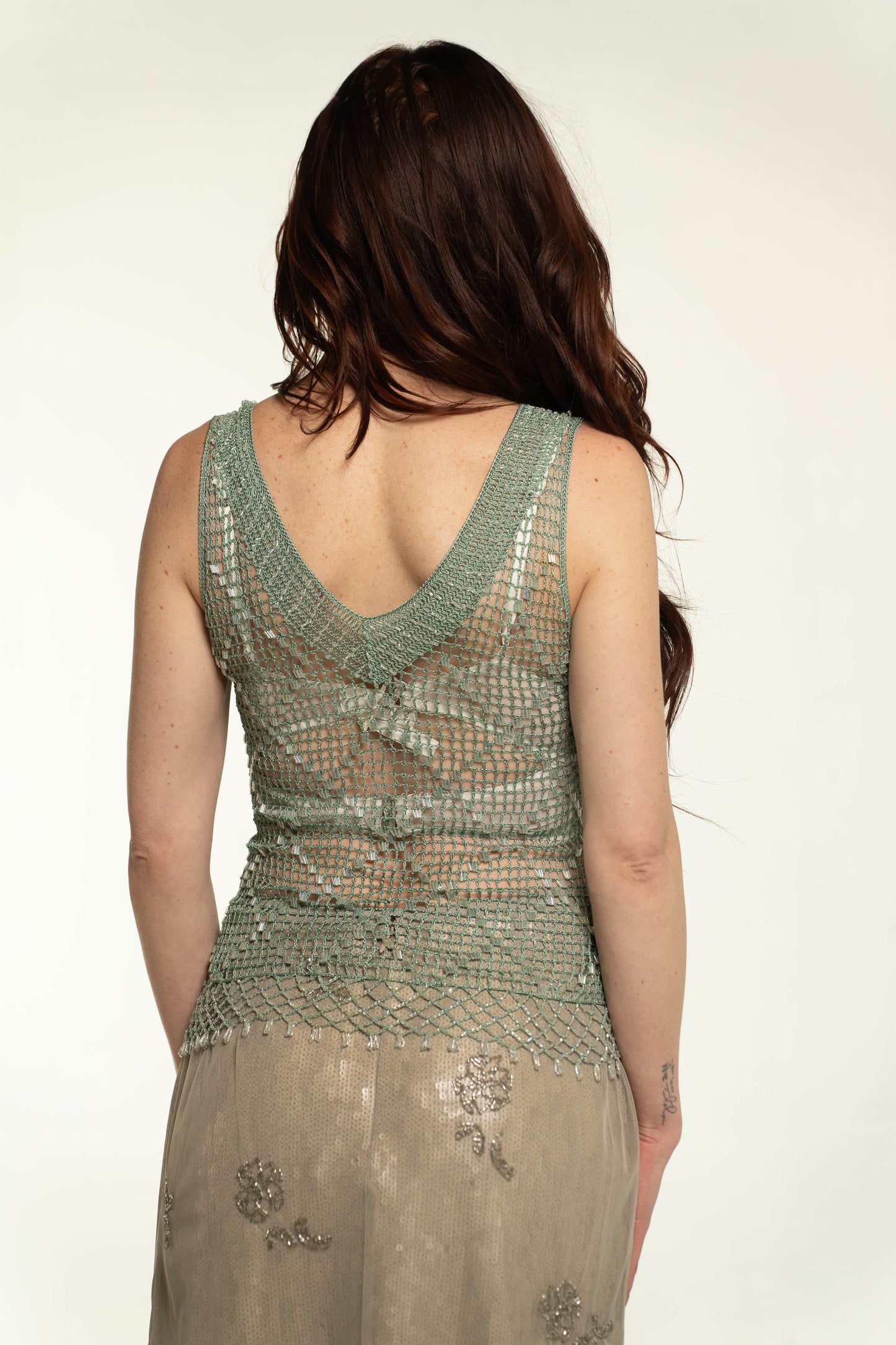 Sage Green Loose Crochet Beaded Top Size Small