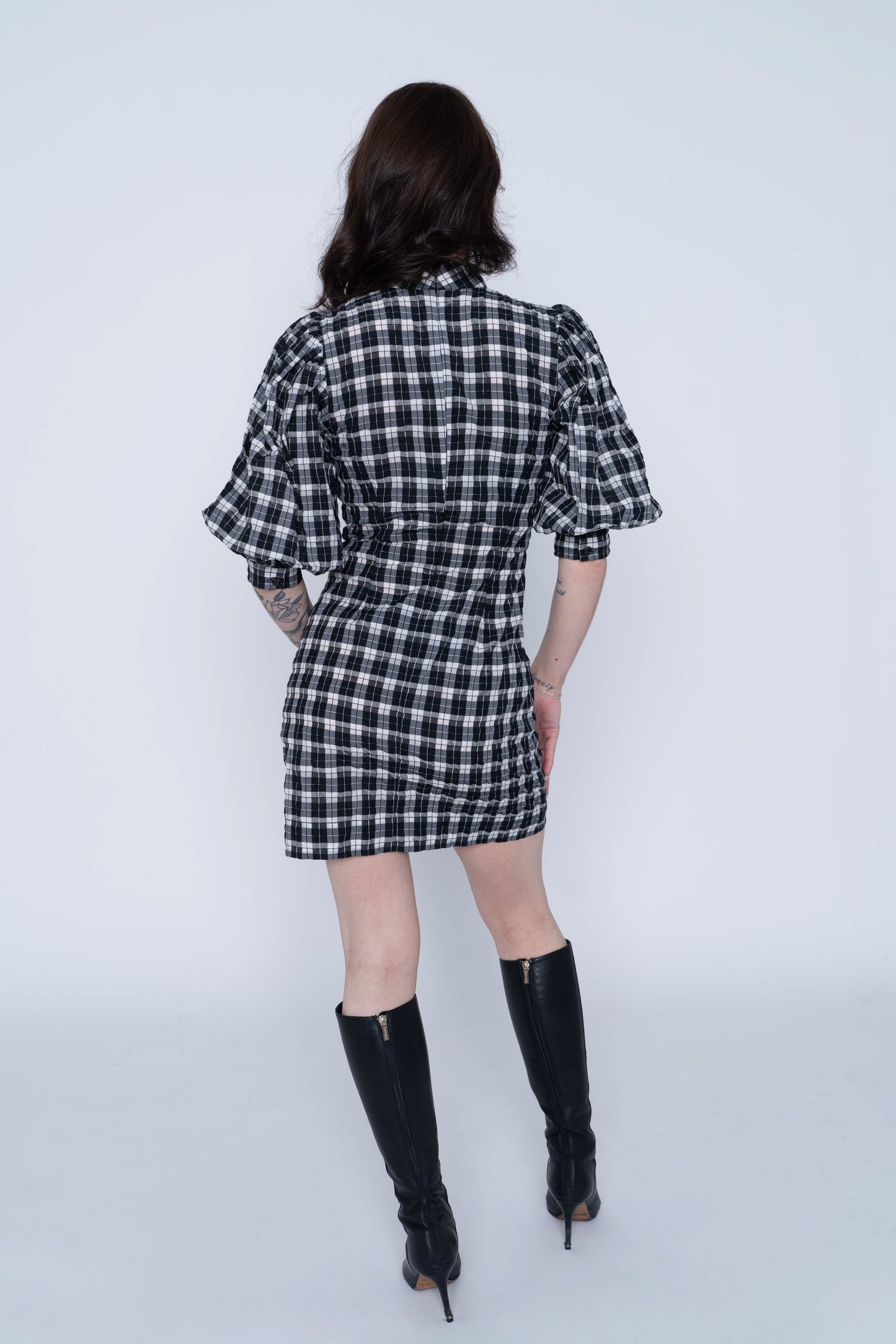Ganni Puff Sleeve Black/White Checkered Mini Dress