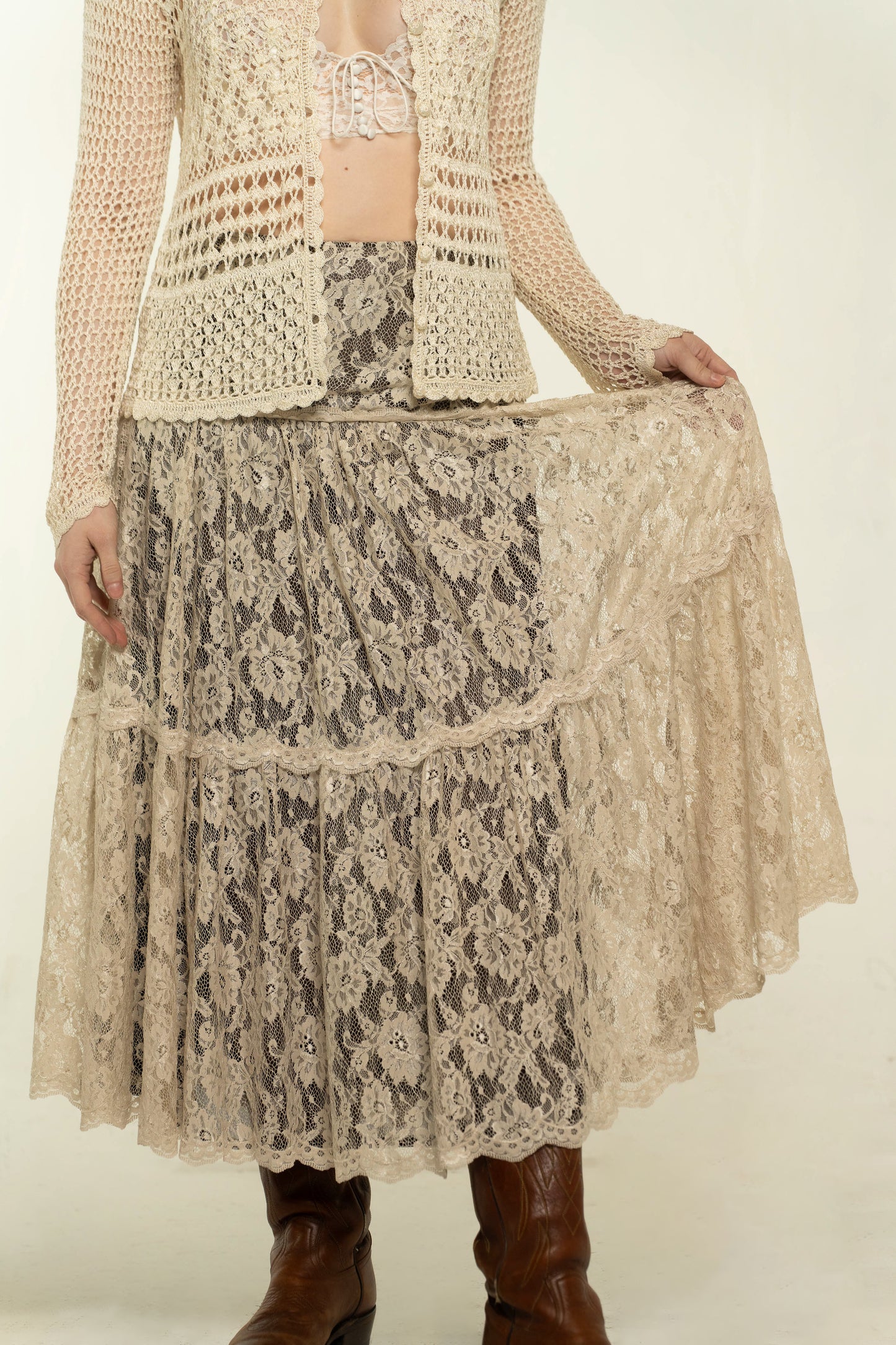 Vintage Mandalay Cream/Brown Tiered Maxi Skirt Size Medium