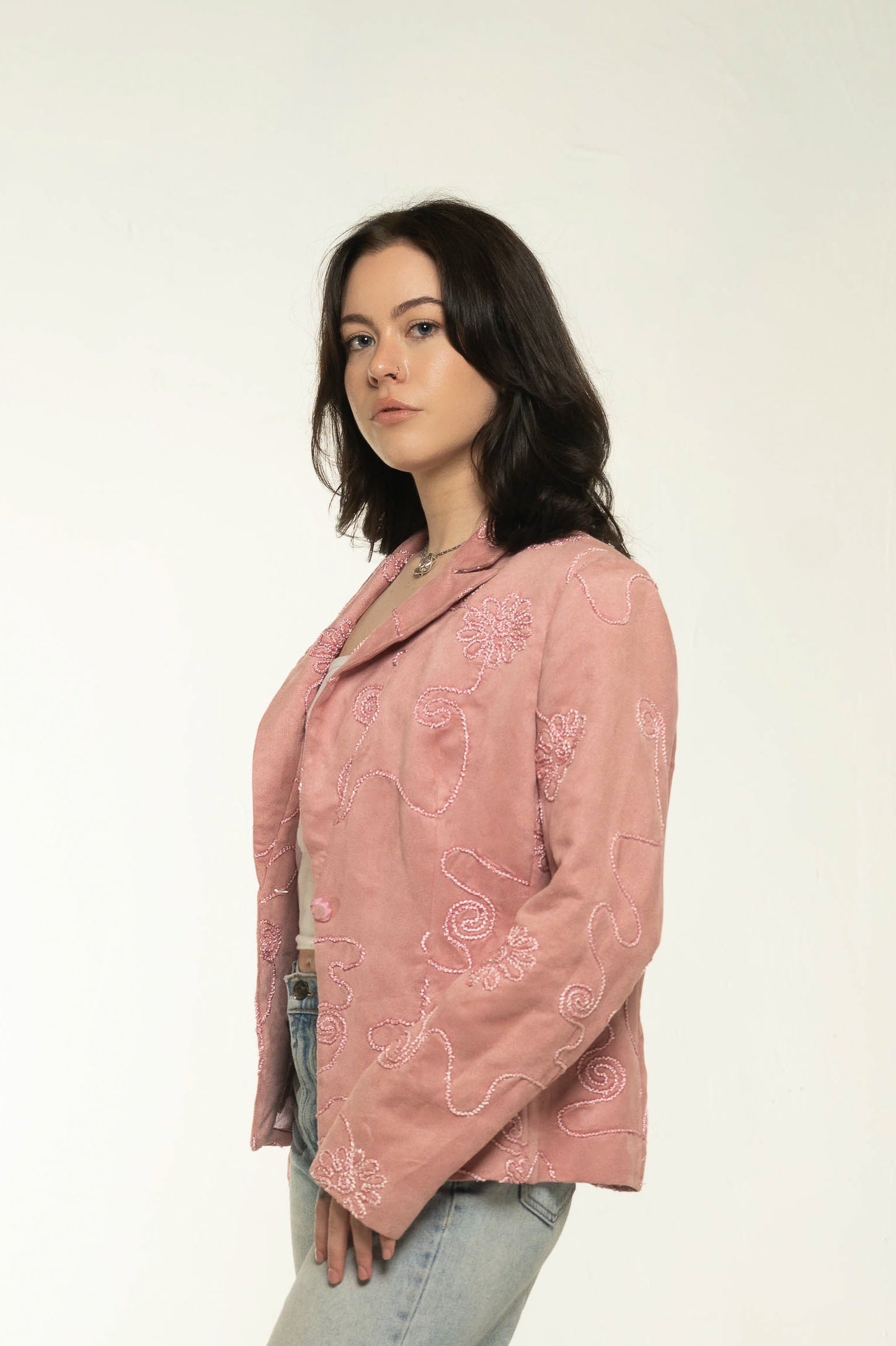 Bracha Pink Faux Suede Floral Embroidered Blazer Size Medium