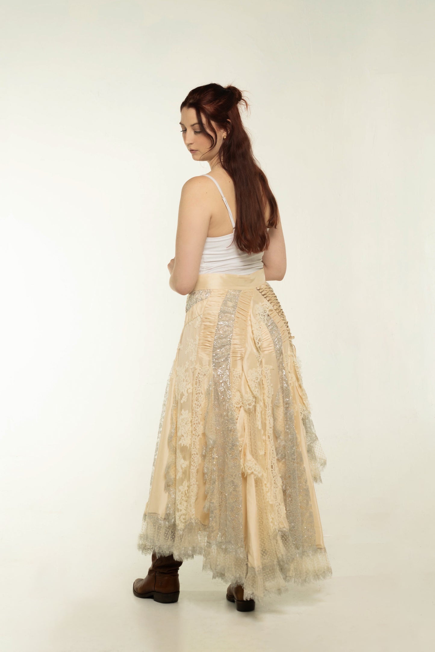 Zimmermann Cream/Metallic "Sabotage" Asymmetric Lace/Chiffon Tiered Maxi Skirt Size Large