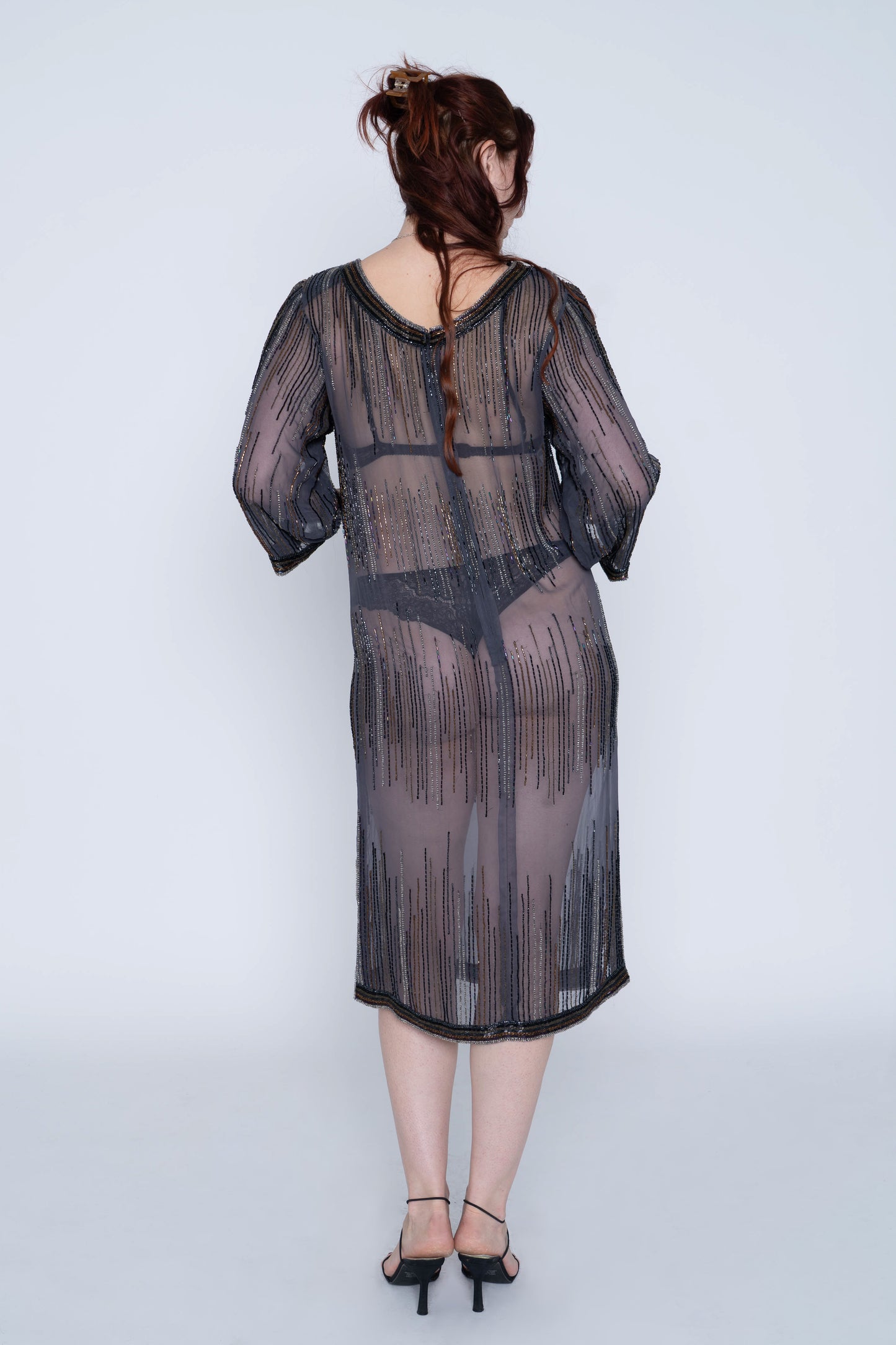 Grey Beaded Sheer Shift Dress Size Medium/Large