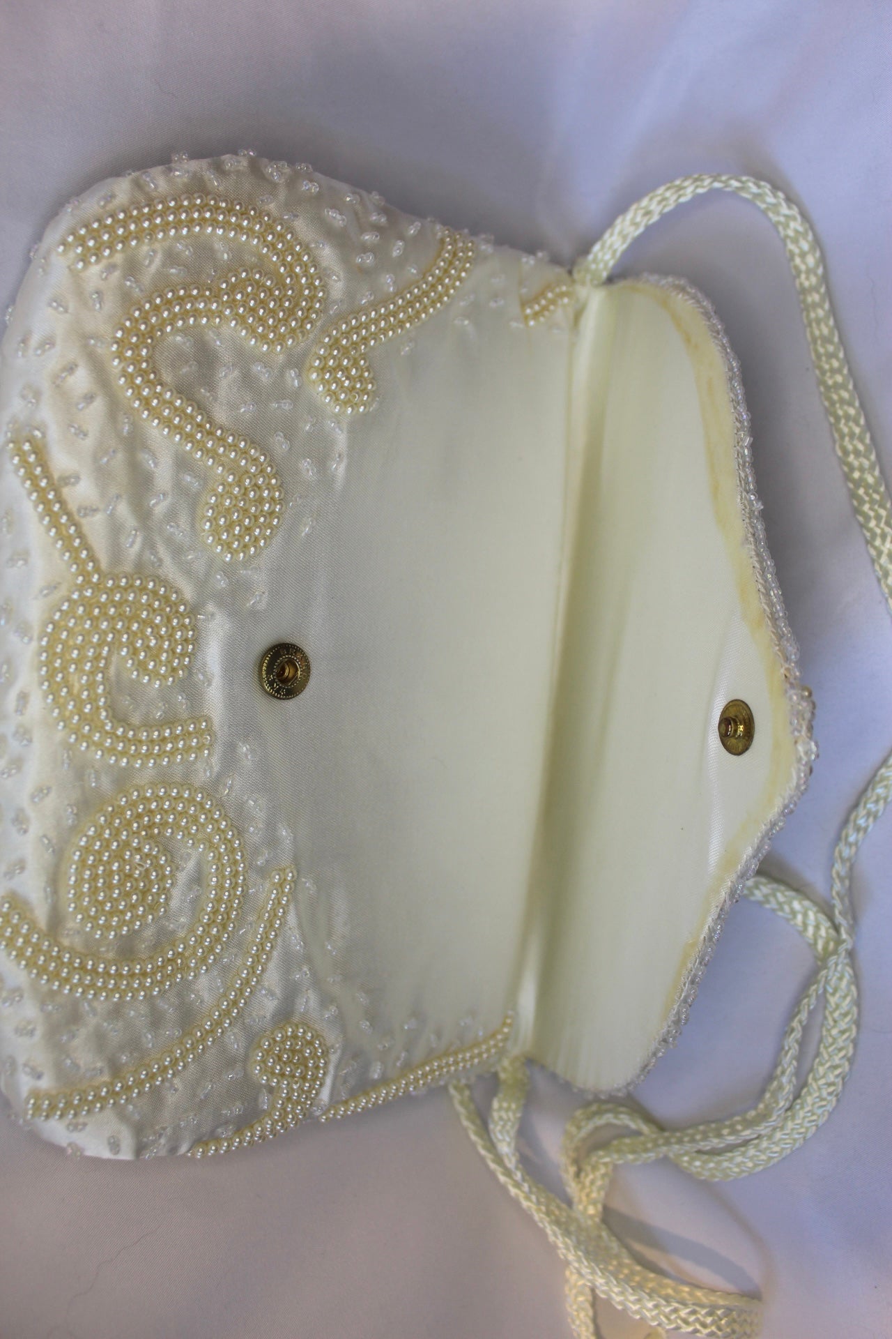 Vintage Cream Satin Beaded Crossbody Bag