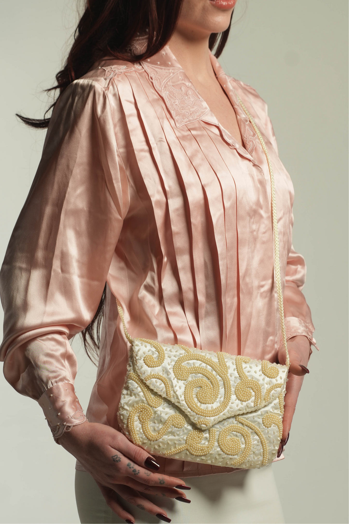Vintage Cream Satin Beaded Crossbody Bag