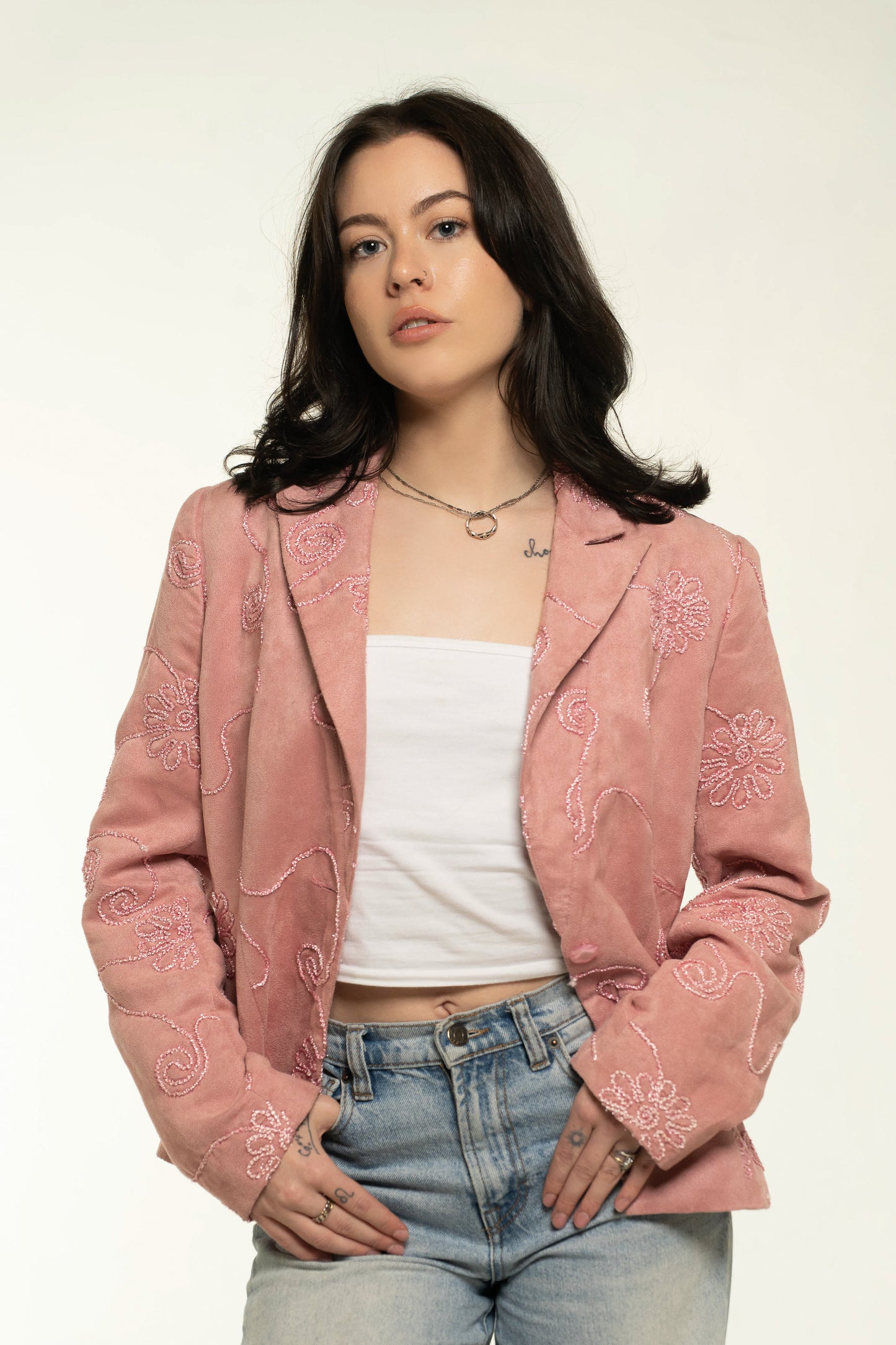 Bracha Pink Faux Suede Floral Embroidered Blazer Size Medium