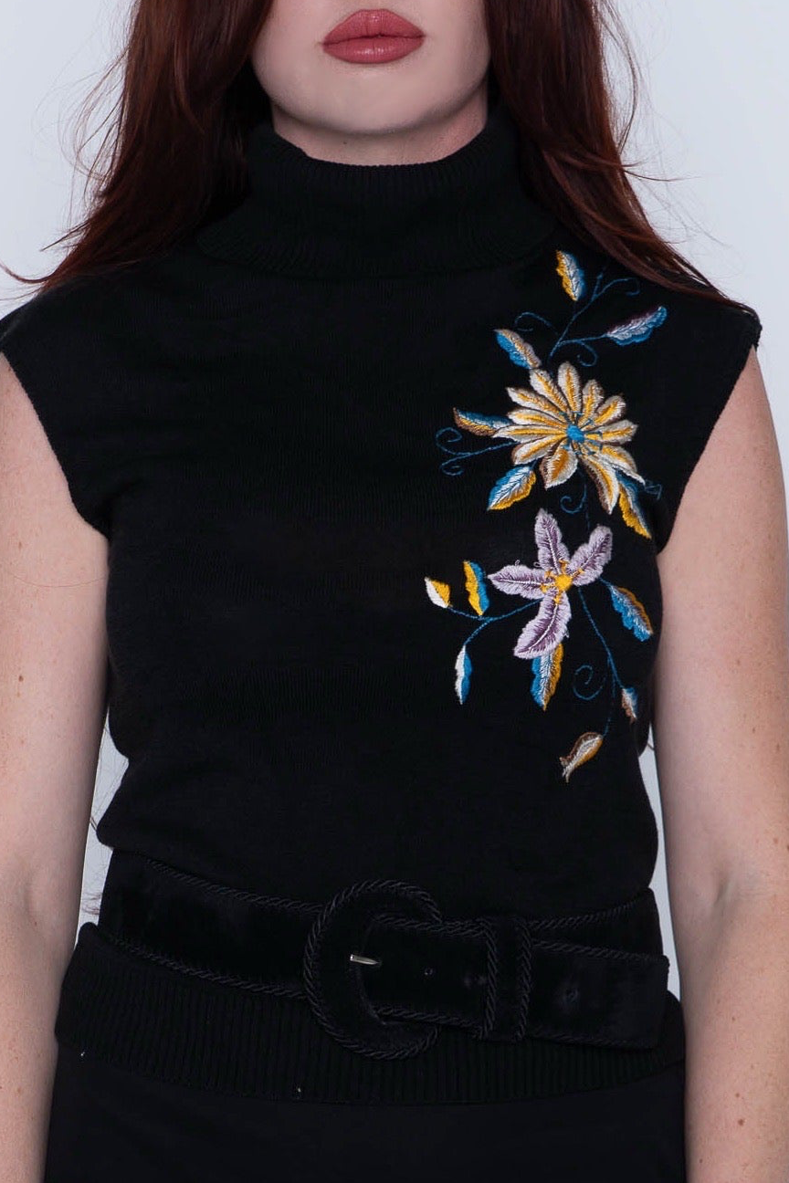 Black Sleeveless Floral Embroidered Turtleneck