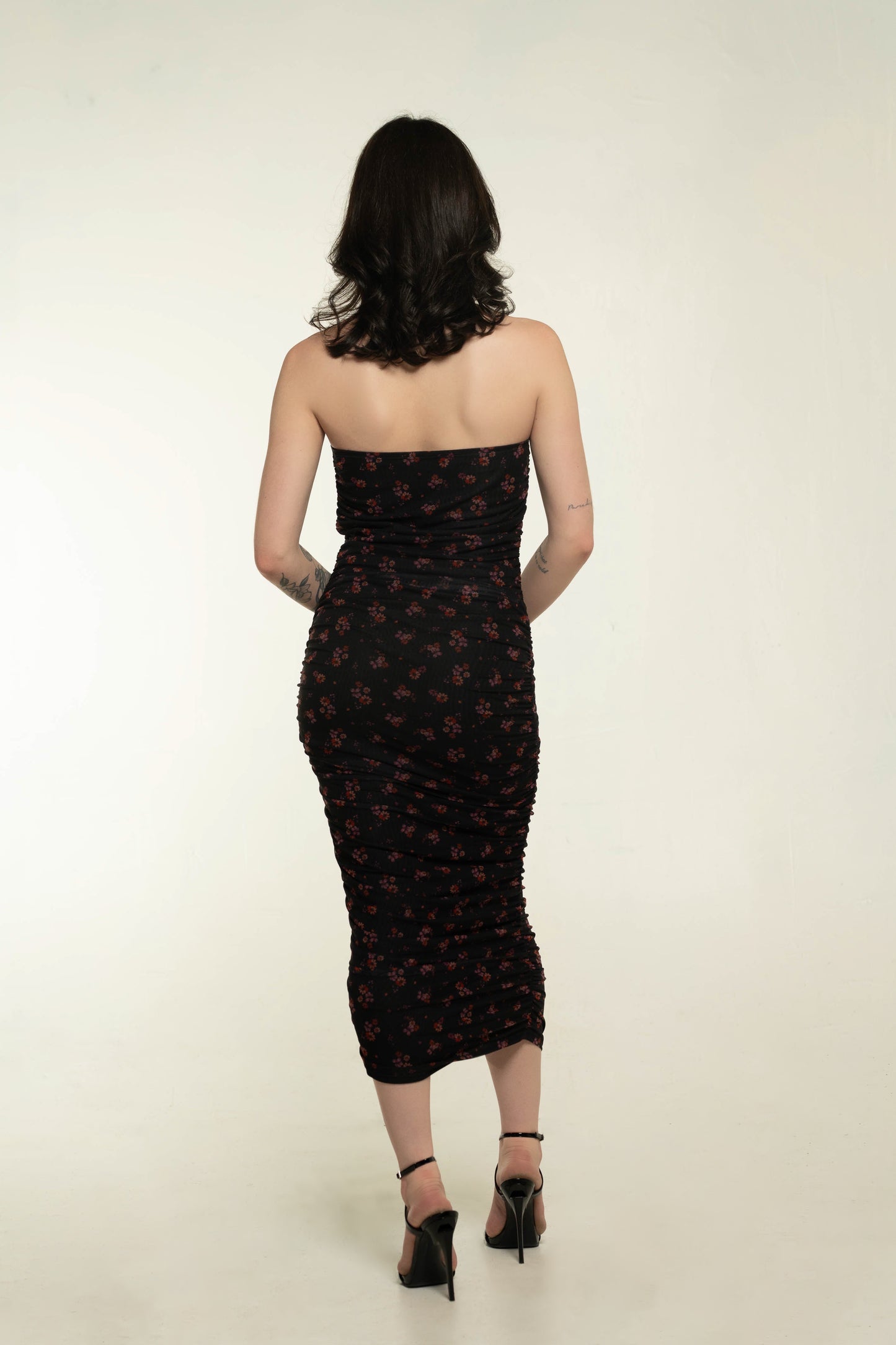 Reformation Black Floral Strapless Ruched Midi Dress Size Small