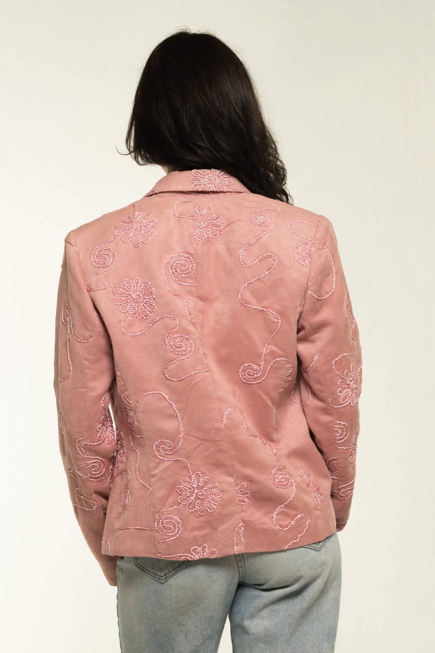 Bracha Pink Faux Suede Floral Embroidered Blazer Size Medium