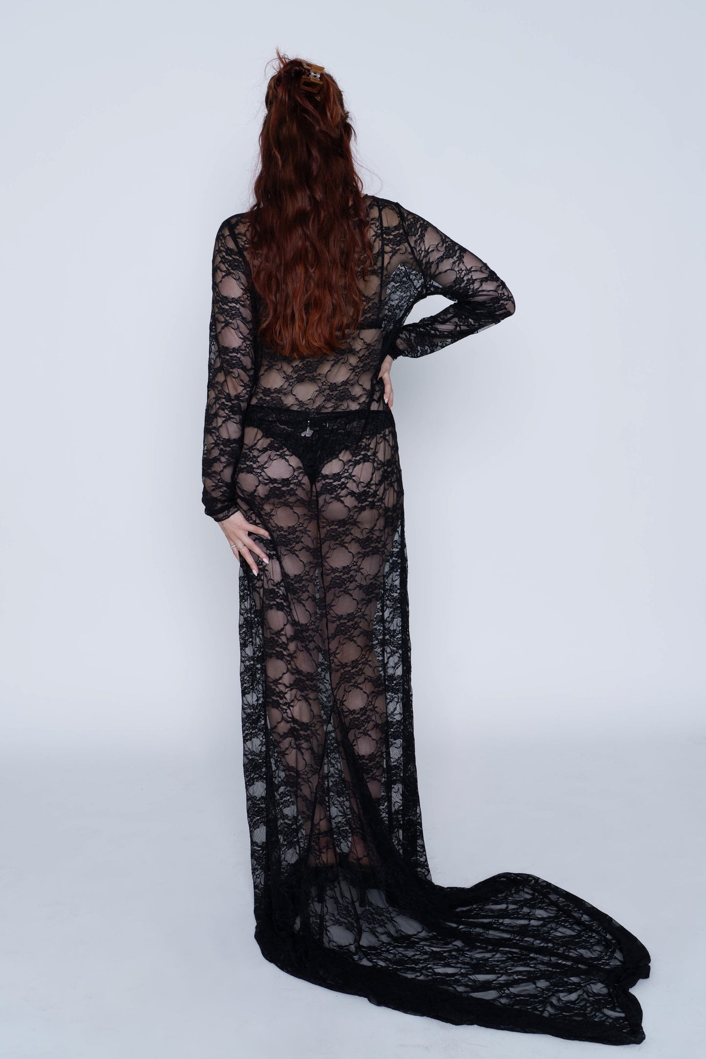 Vintage Black Sheer Lace L/S Maxi Dress
