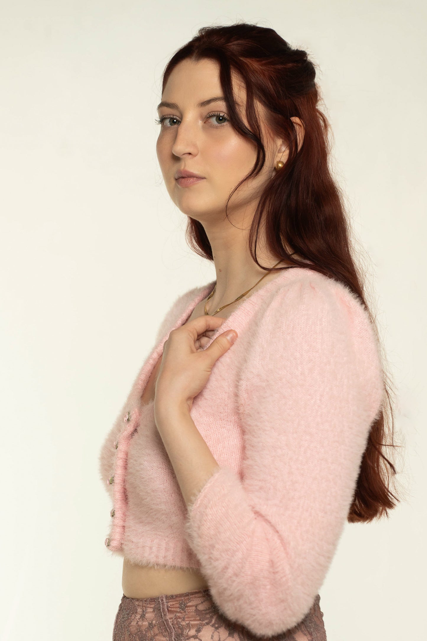 For Love & Lemons Fuzzy Pink Rosebud Button Cardigan Size Small