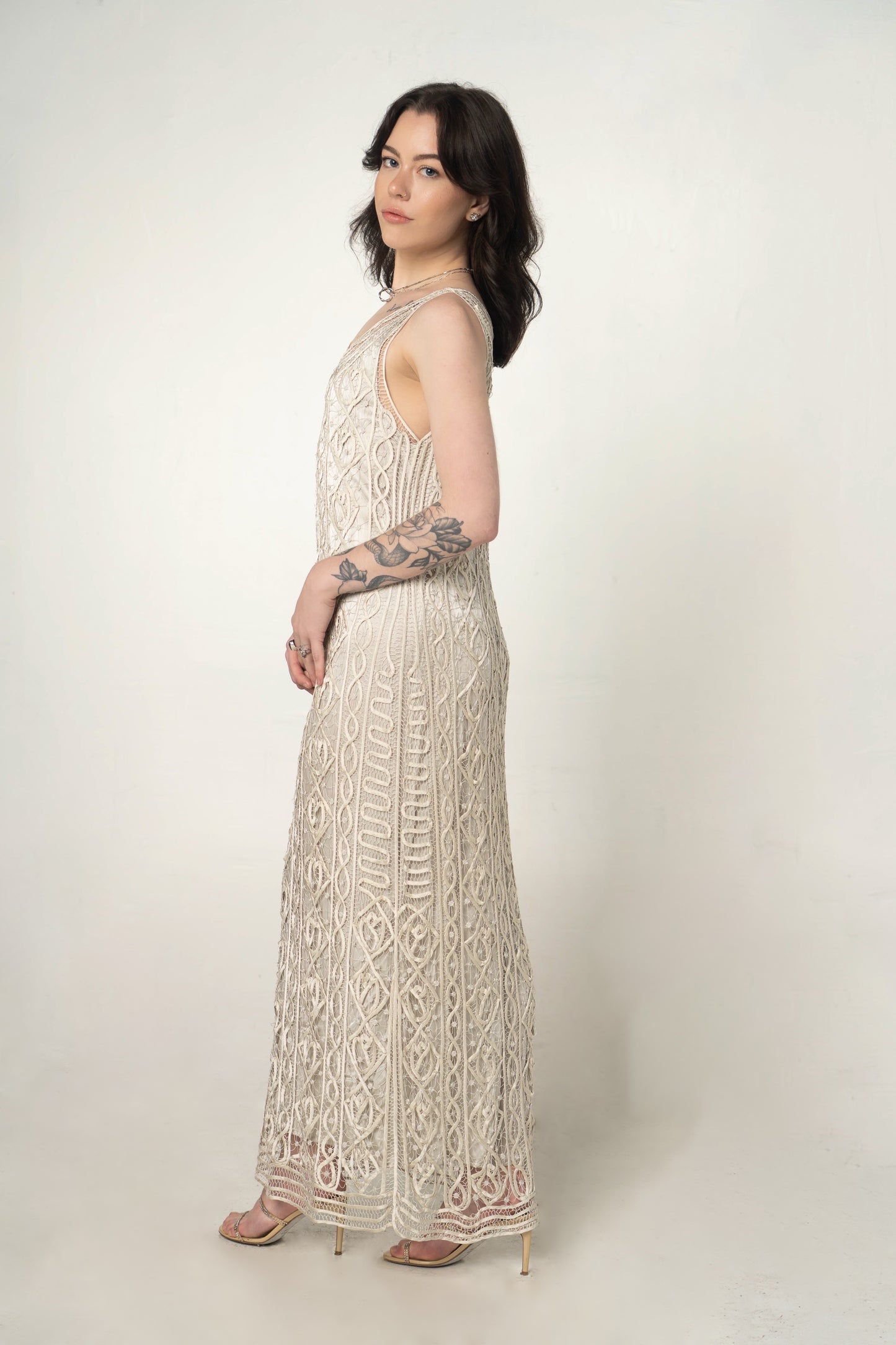 Soulmates Grey Silk Hand-Crocheted Maxi Dress Size Medium