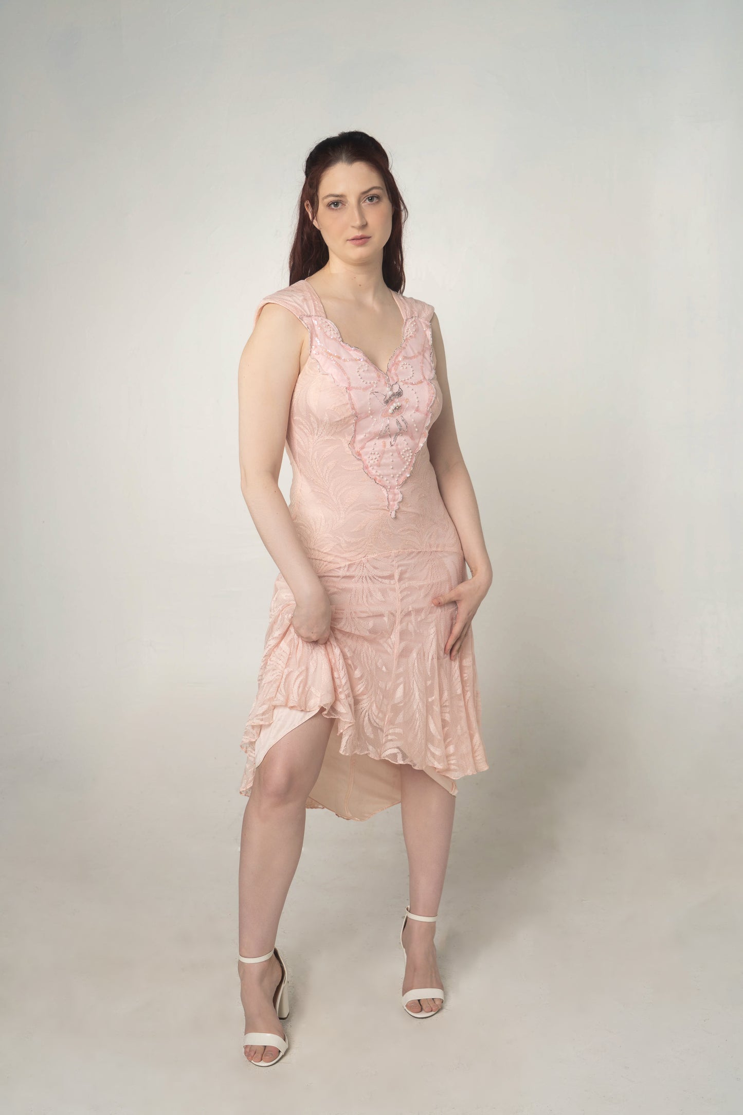 Vintage Karen Okada Pink Lace Butterfly Beaded Midi Dress Size Small