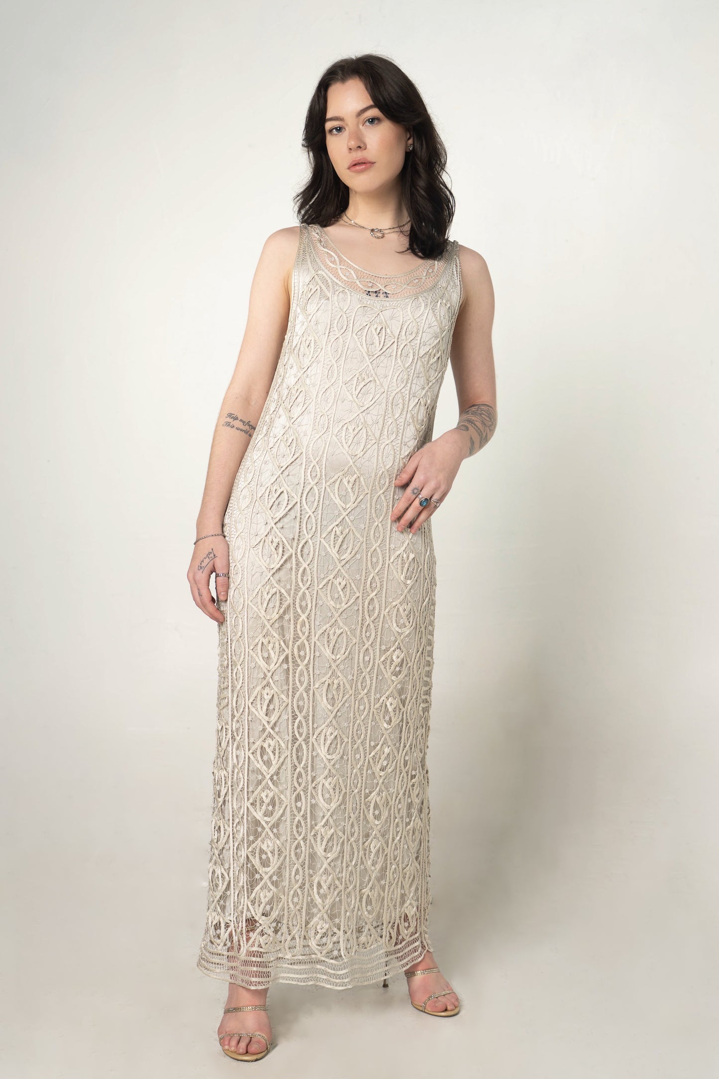 Soulmates Grey Silk Hand-Crocheted Maxi Dress Size Medium