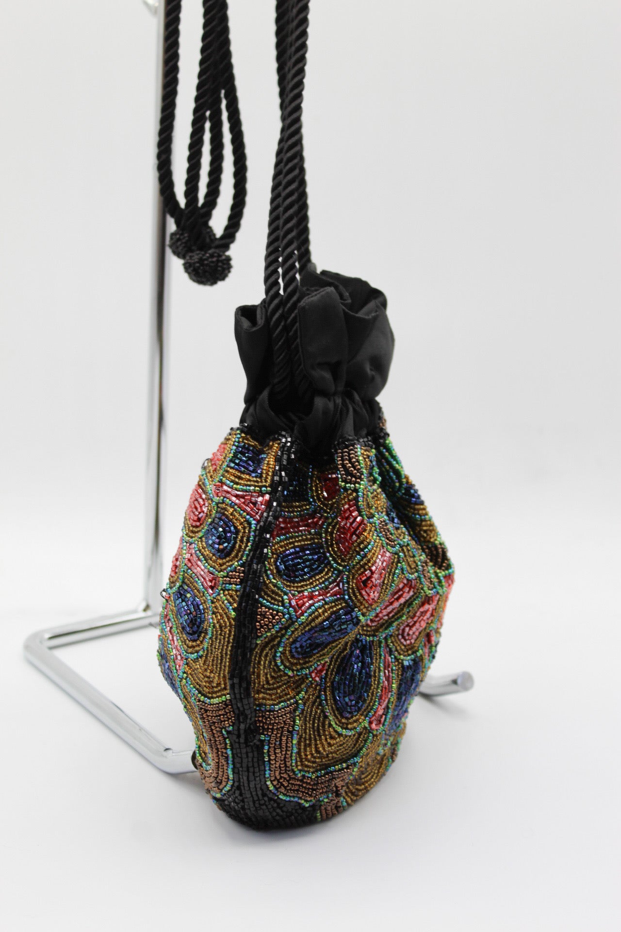 Black Peacock Beaded Drawstring Purse