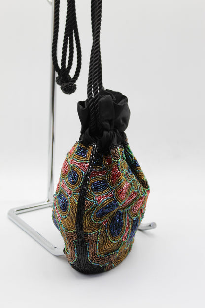 Black Peacock Beaded Drawstring Purse