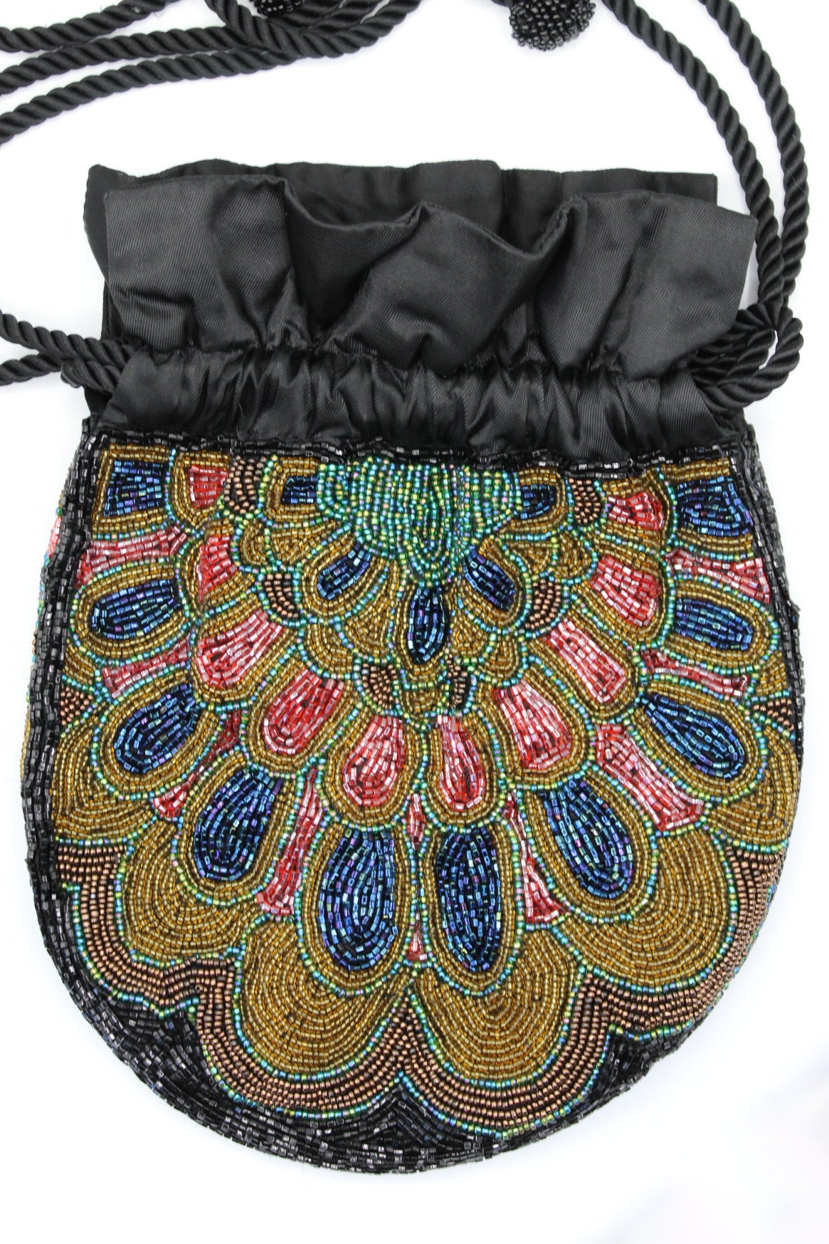 Black Peacock Beaded Drawstring Purse