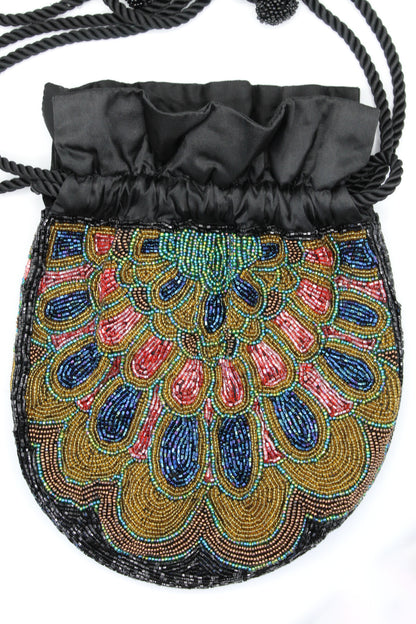 Black Peacock Beaded Drawstring Purse