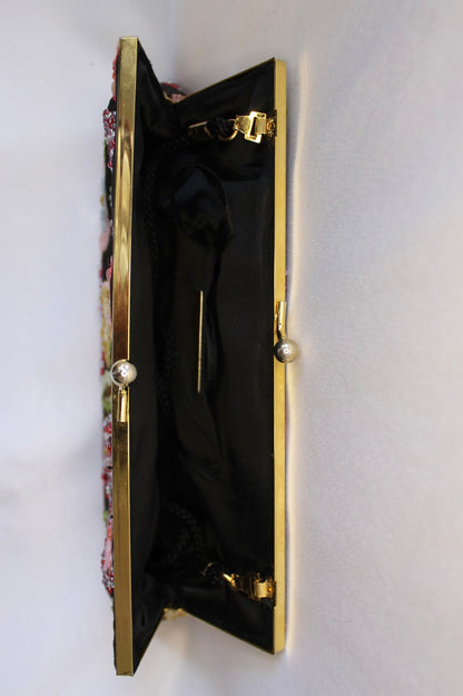 Vintage Black Satin Floral Beaded Bag
