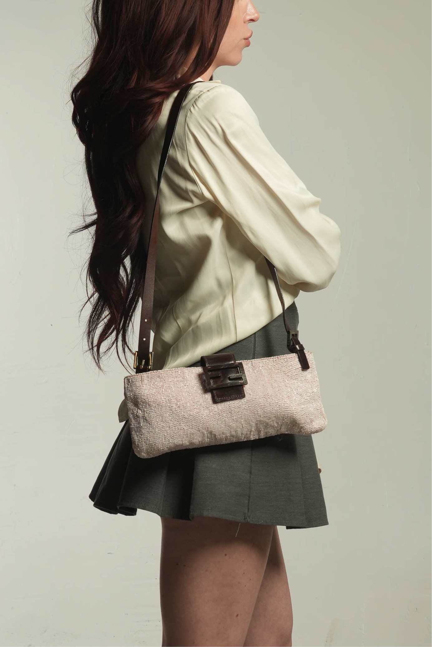 Vintage 1990s Fendi Pink Beaded Mamma Baguette Shoulder Bag