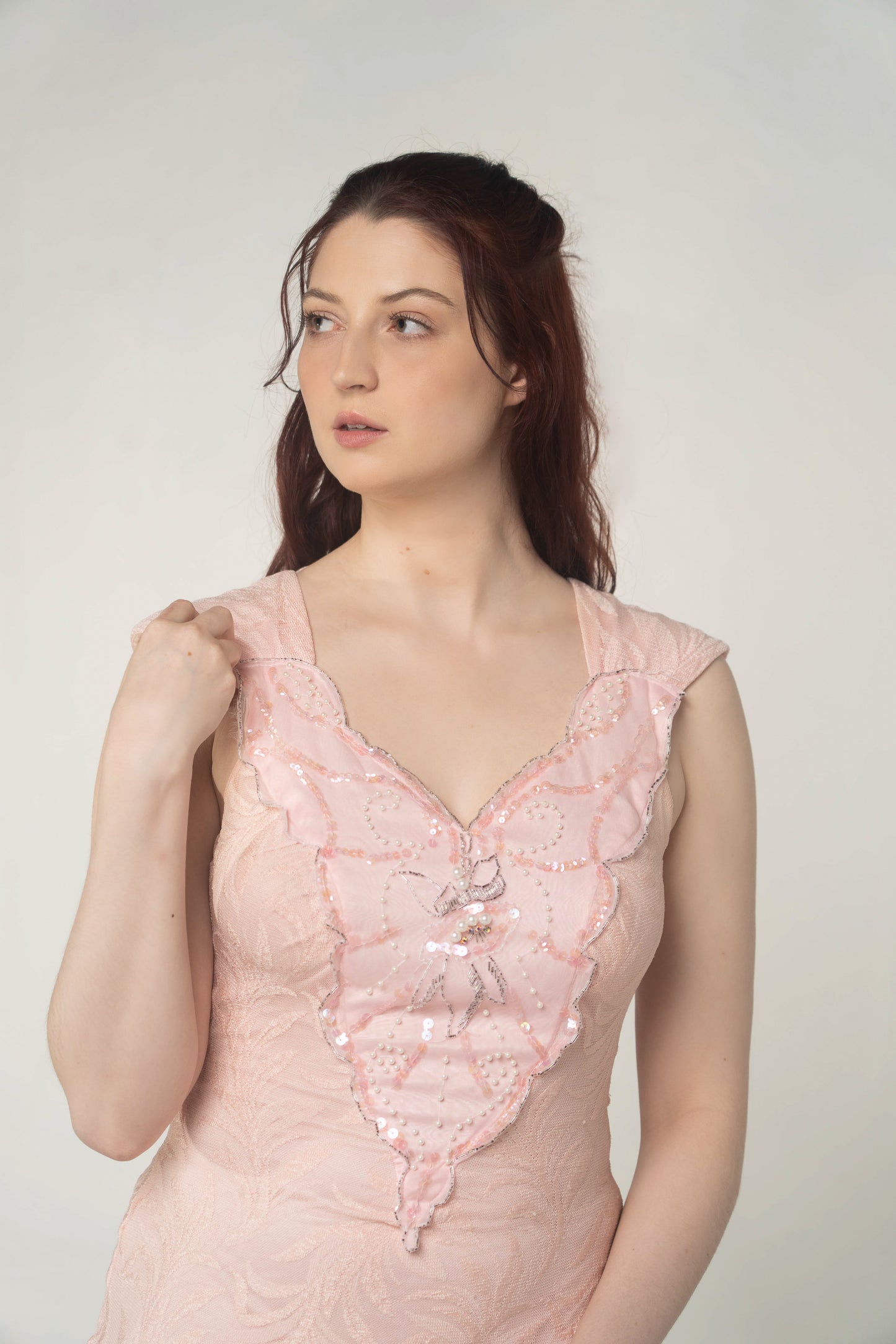 Vintage Karen Okada Pink Lace Butterfly Beaded Midi Dress Size Small