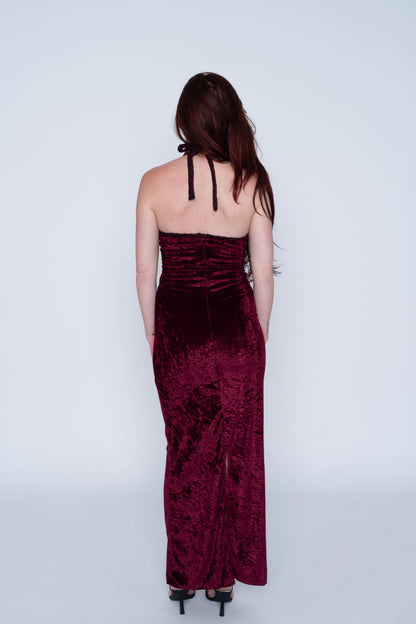 Chinoiserie Red Crushed Velvet Halter Dress