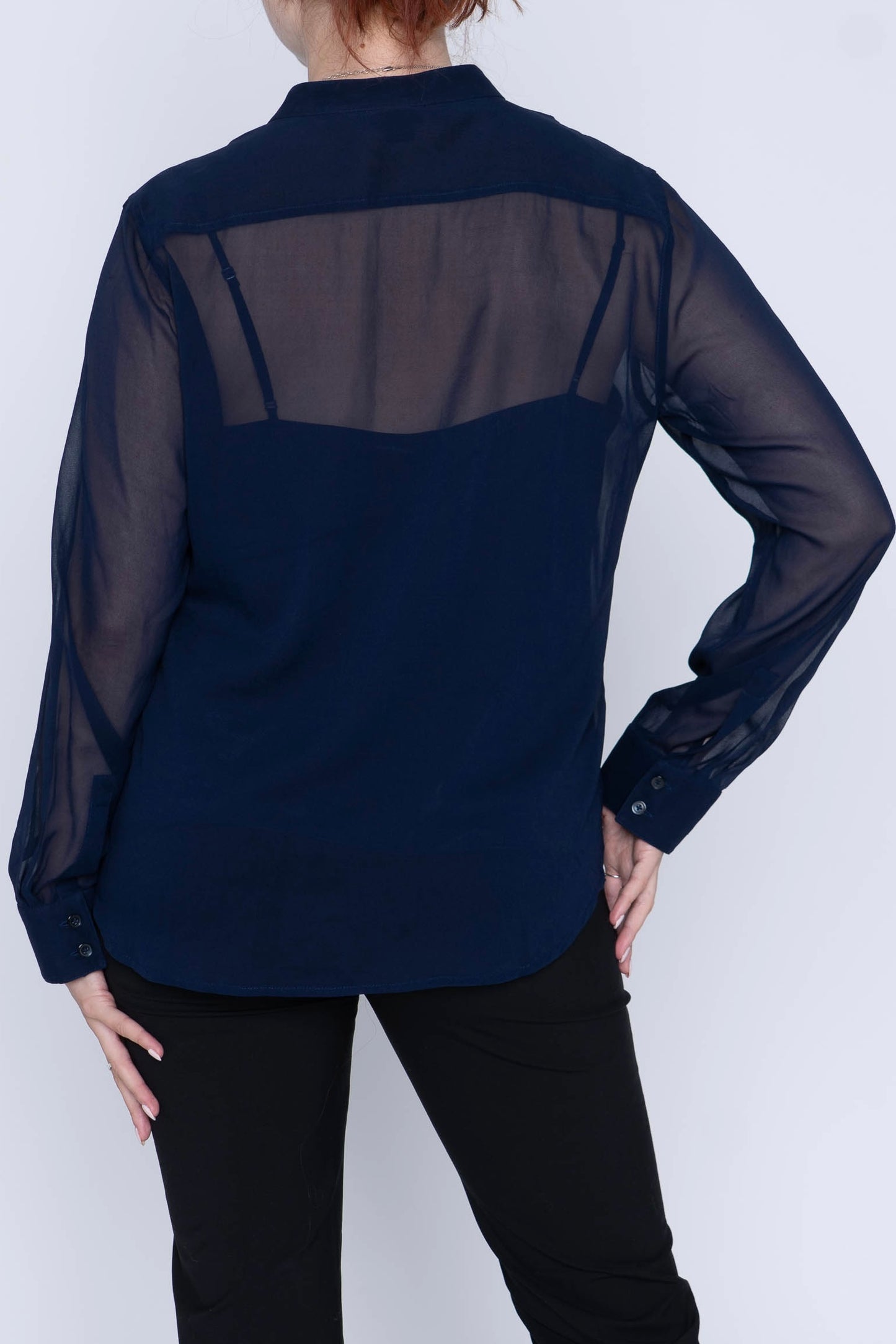 Navy DKNY Silk L/S Sheer Blouse and Camisole Size L