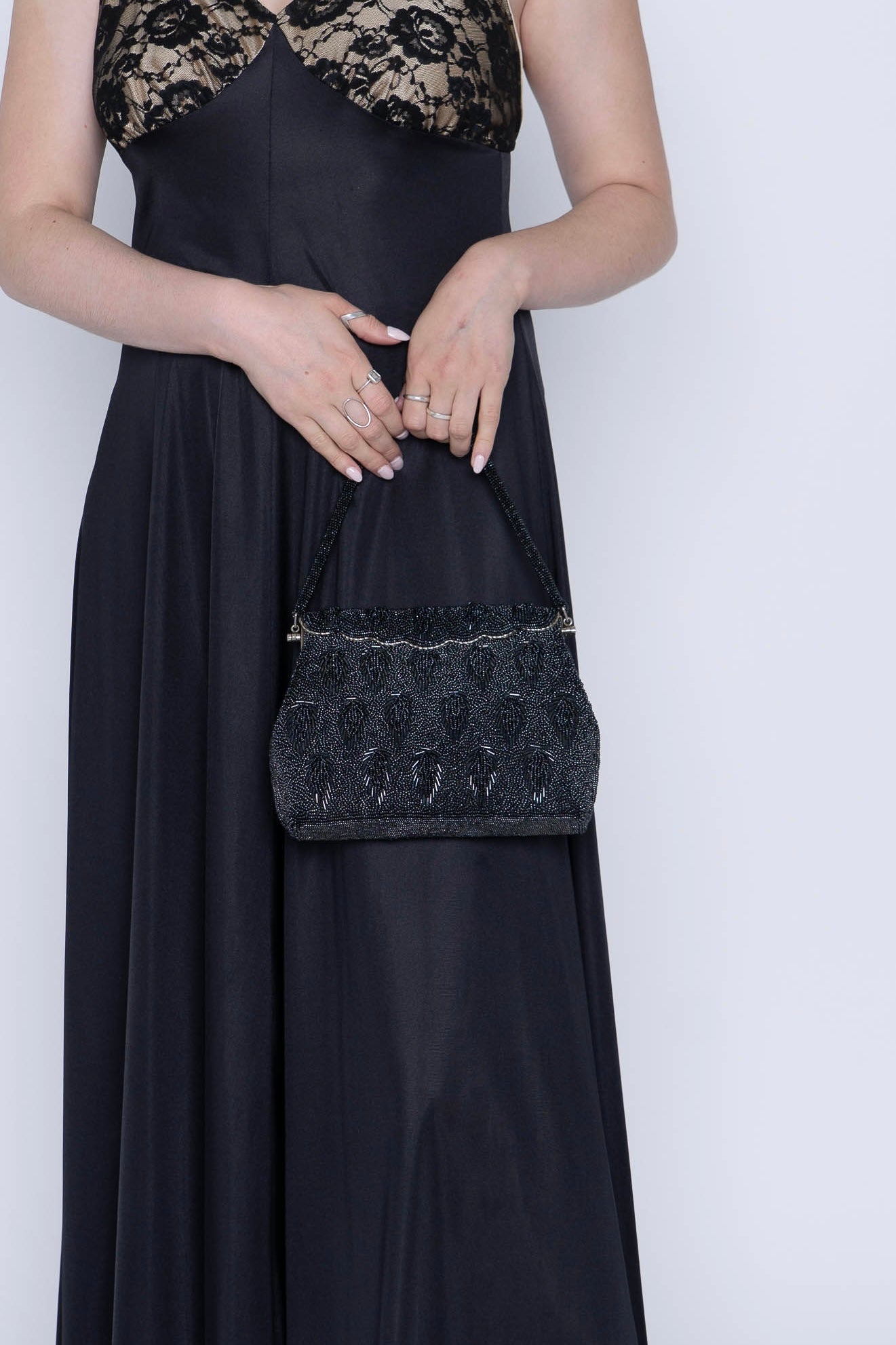 Vintage Fancy Black Bead & Silver Top Handle