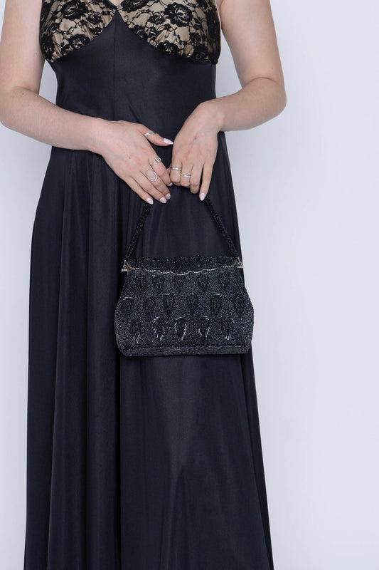 Vintage Fancy Black Bead & Silver Top Handle