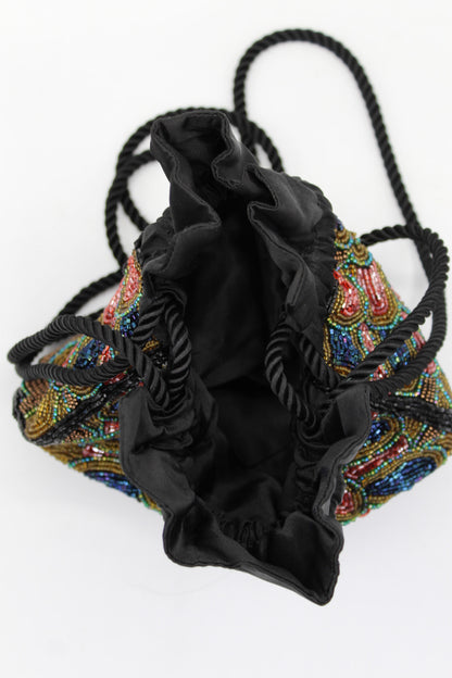 Black Peacock Beaded Drawstring Purse