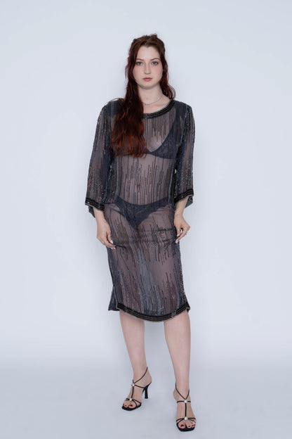 Grey Beaded Sheer Shift Dress Size Medium/Large