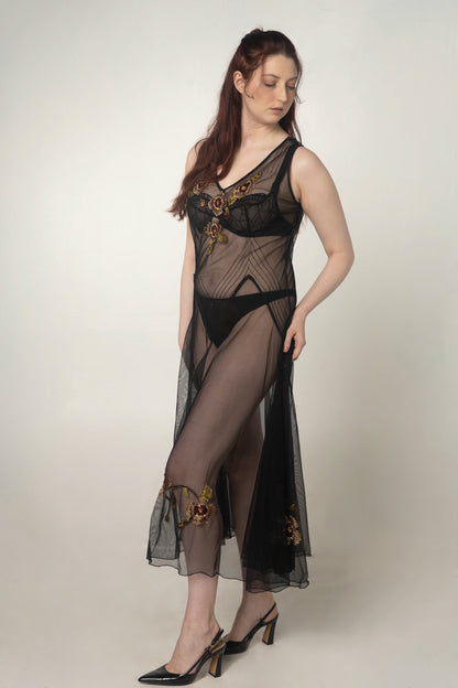 Black Sheer Mesh Floral Embroidered Dress Size Size Large / XL