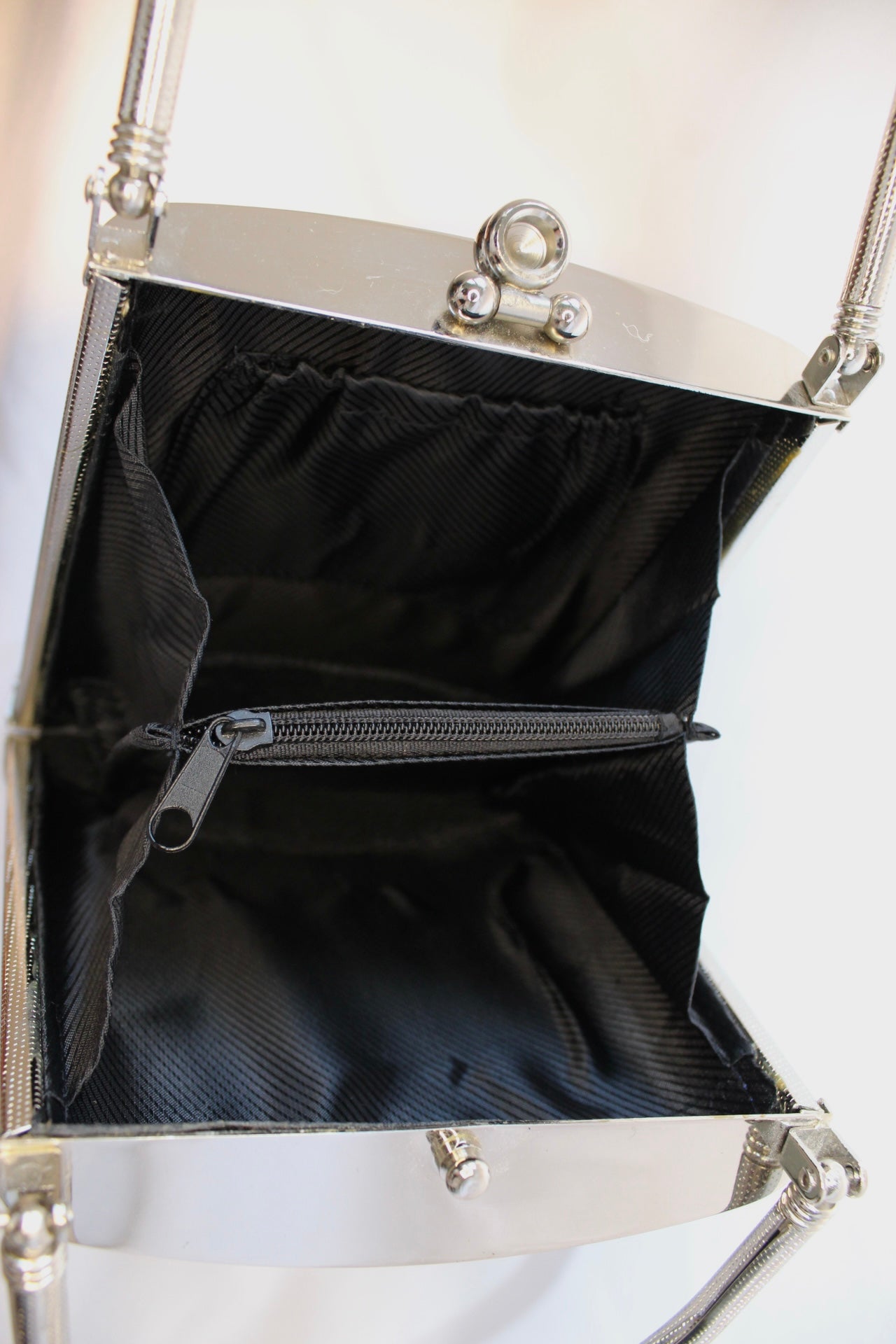 Vintage Black Satin Hard Shell Butterfly Embroidered Top Handle Bag