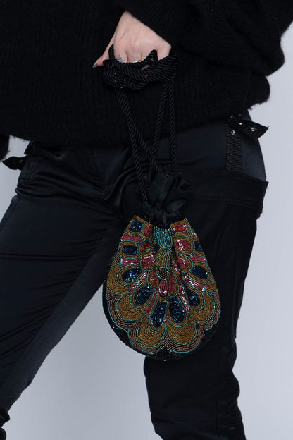 Black Peacock Beaded Drawstring Purse