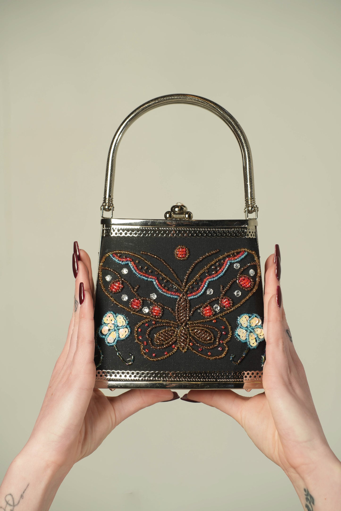 Vintage Black Satin Hard Shell Butterfly Embroidered Top Handle Bag